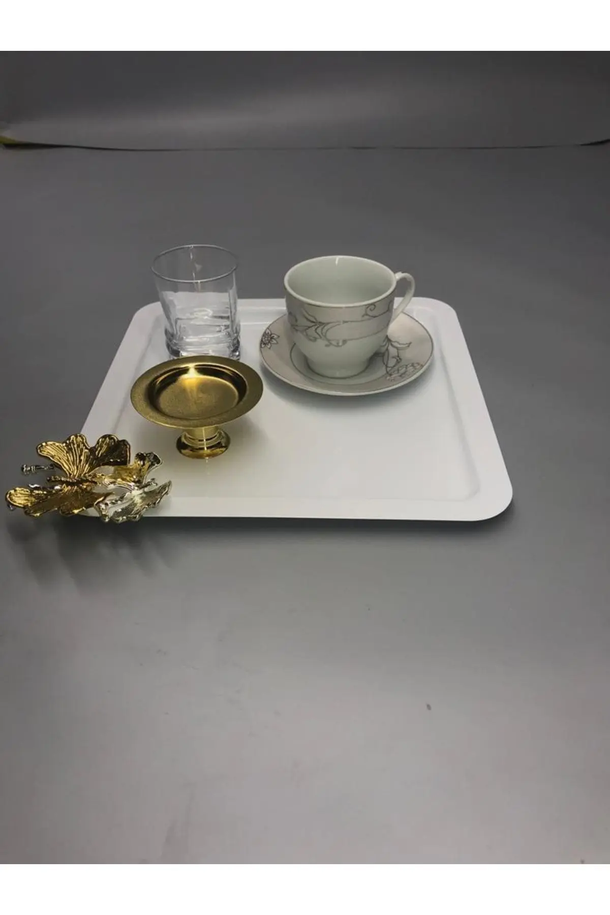 Lüx Kelebek Aksesuarlı Paslanmaz Çelik Kare 6’lı Beyaz Kahve, Çay, Dekoratif Sunum Servis Tepsisi