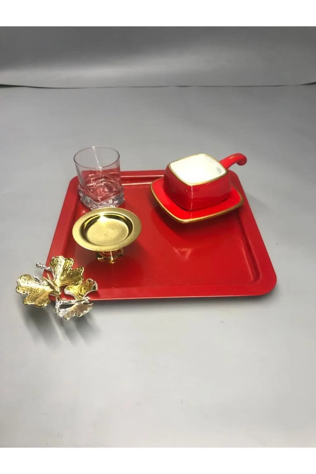 Lüx Kelebek Aksesuarlı Paslanmaz Çelik Kare 6’lı Kırmızı Kahve, Çay, Dekoratif Sunum Servis Tepsisi