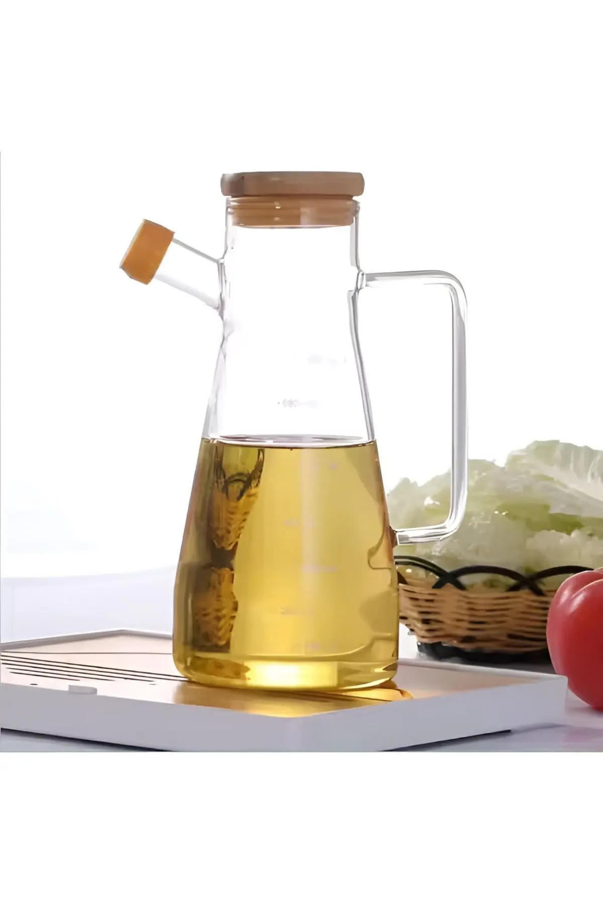 Bambu Kapaklı Vakumlu Borosilikat 3'lü Set Cam Yağlık Sirkelik Bambu Altlık