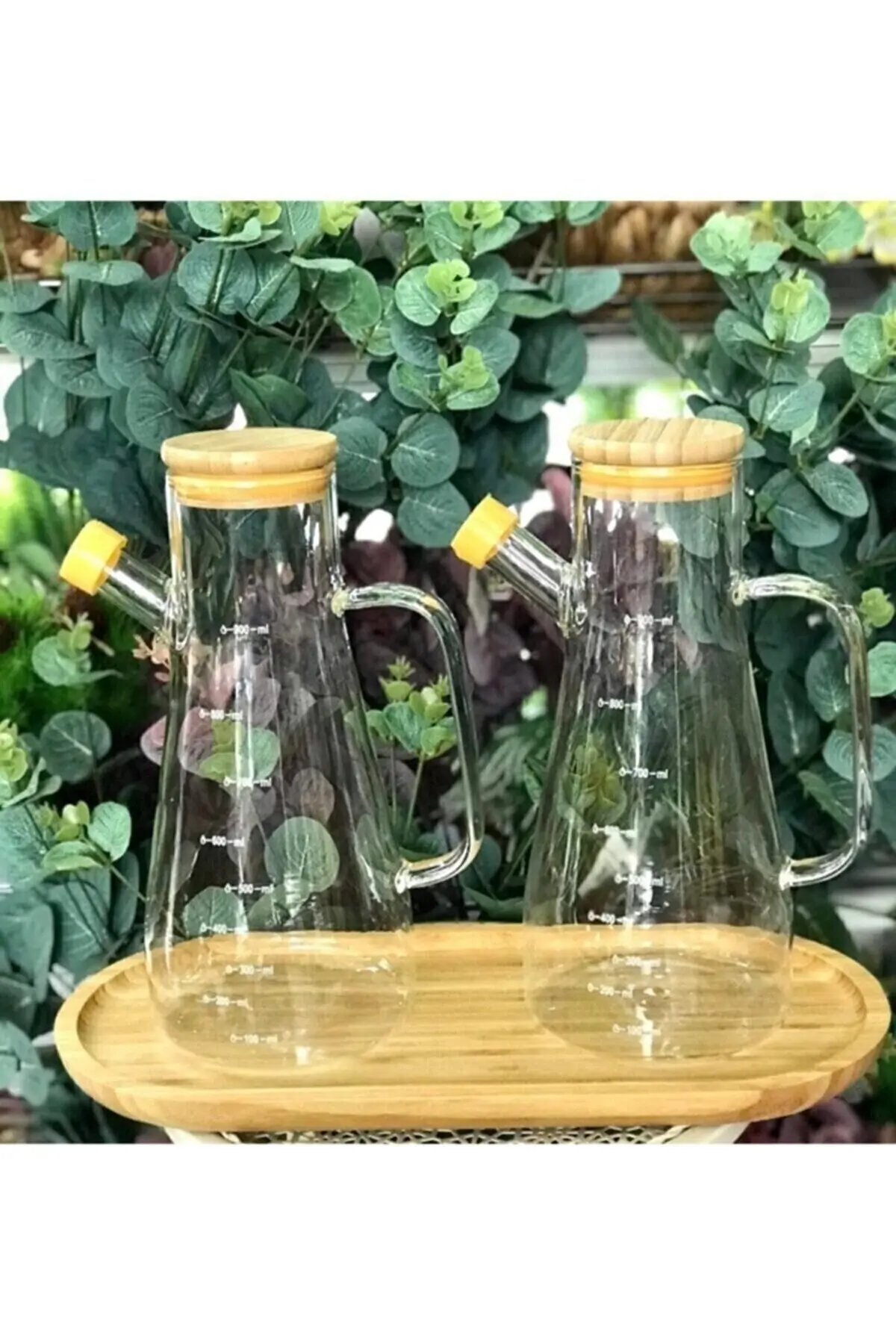 Bambu Kapaklı Vakumlu Borosilikat 3'lü Set Cam Yağlık Sirkelik Bambu Altlık