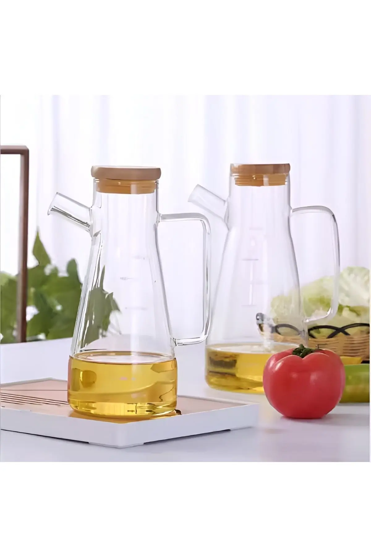 Bambu Kapaklı Vakumlu Borosilikat 3'lü Set Cam Yağlık Sirkelik Bambu Altlık