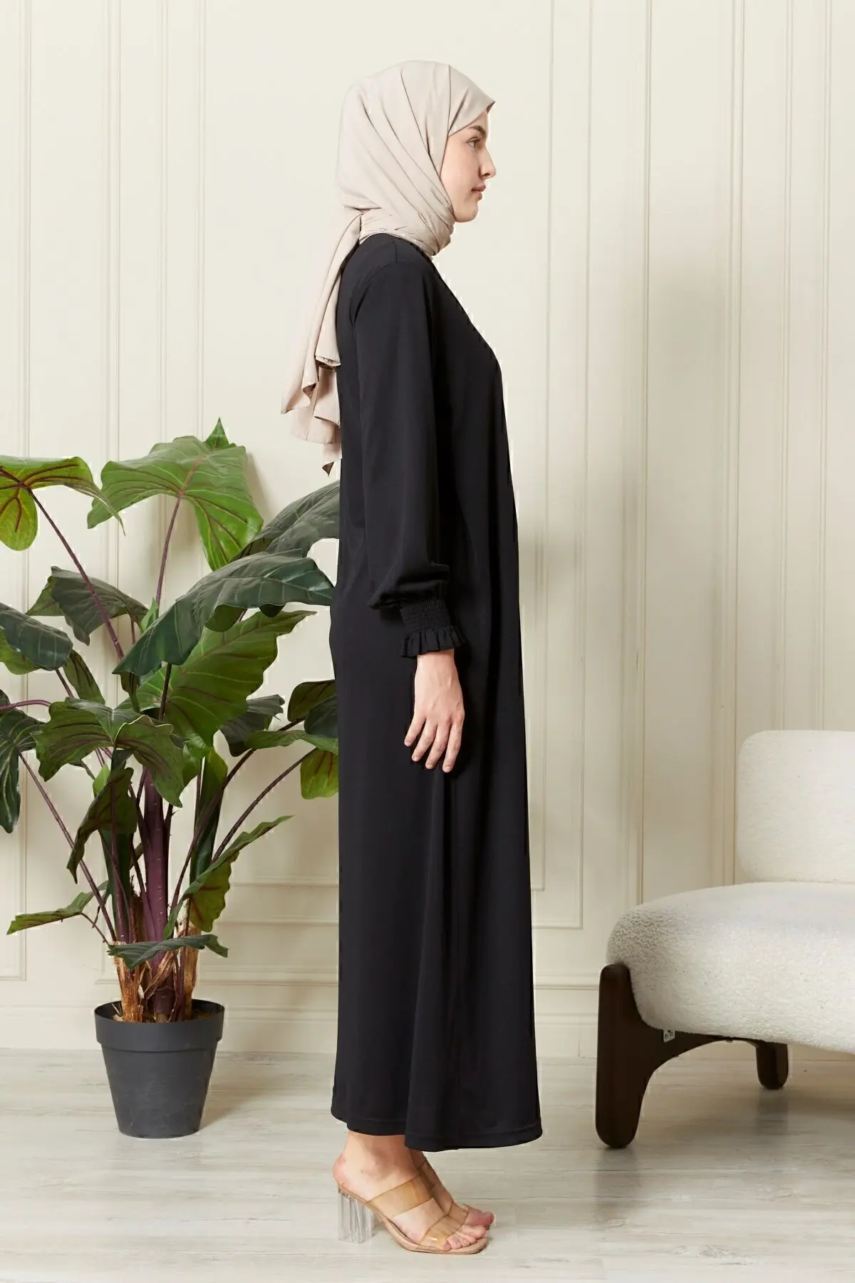 Kadın Kol Detaylı Kruvaze Yaka Biyeli Yandan Bağlamalı Namaz Elbisesi