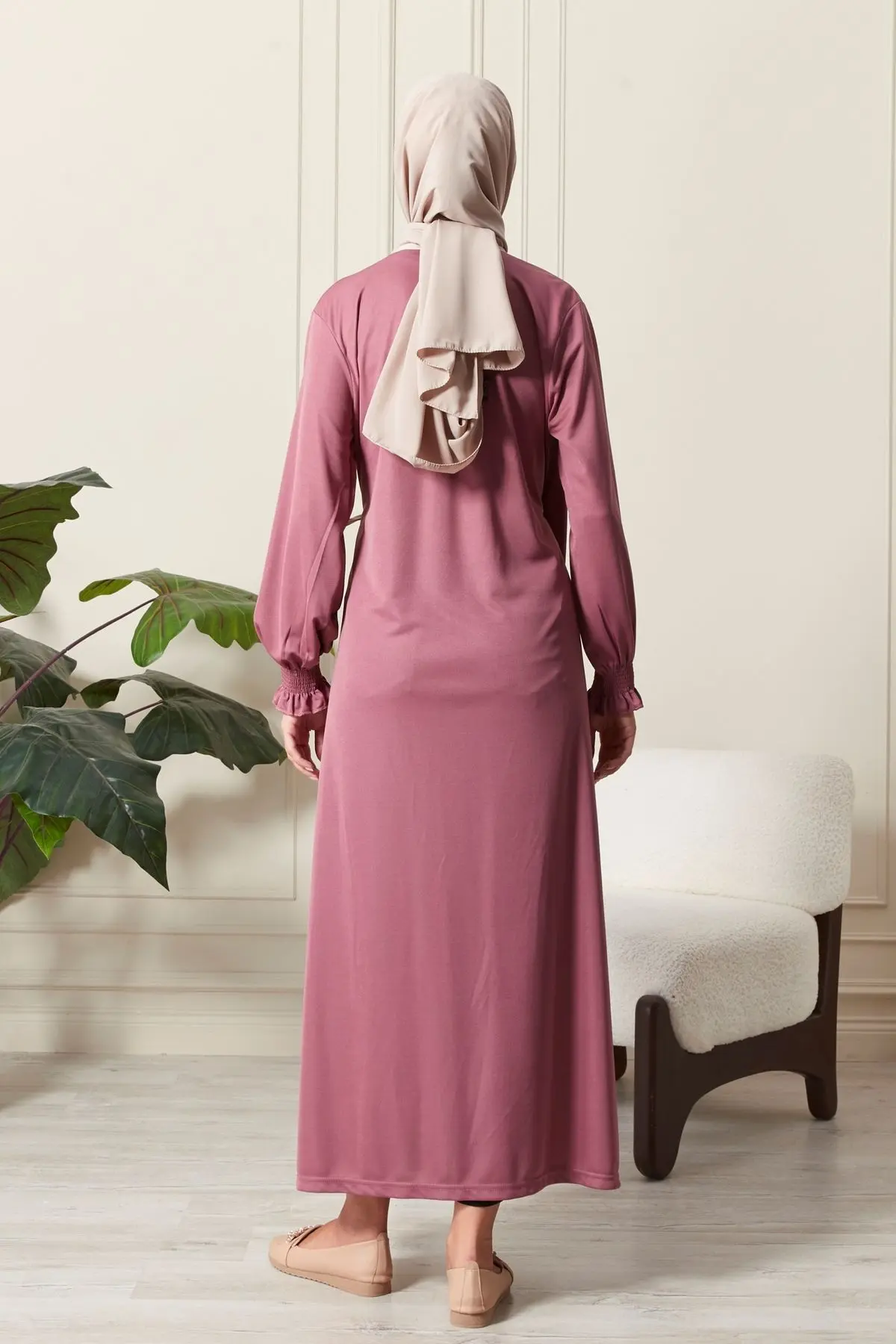 Kadın Kol Detaylı Kruvaze Yaka Biyeli Yandan Bağlamalı Namaz Elbisesi