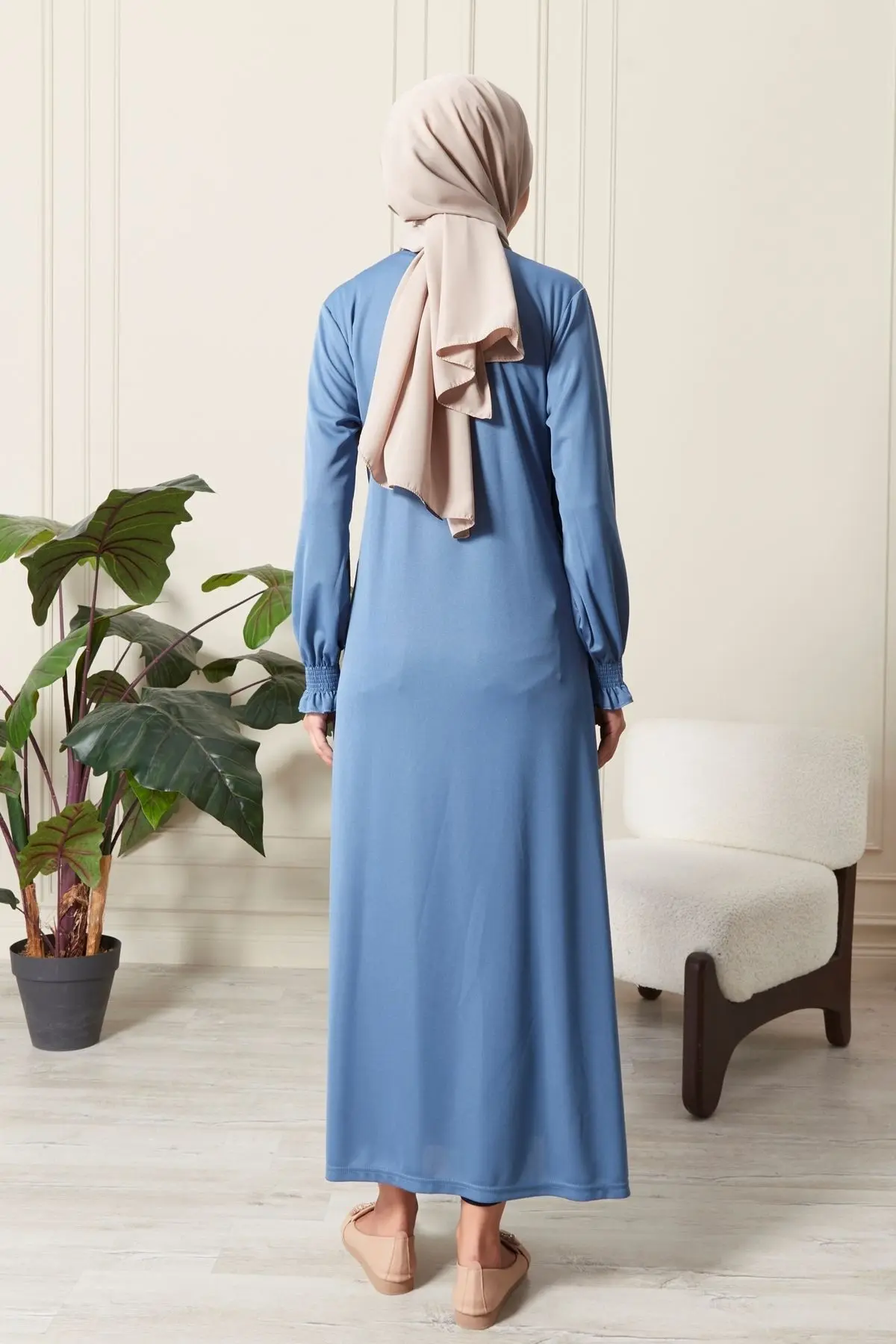 Kadın Kol Detaylı Kruvaze Yaka Biyeli Yandan Bağlamalı Namaz Elbisesi