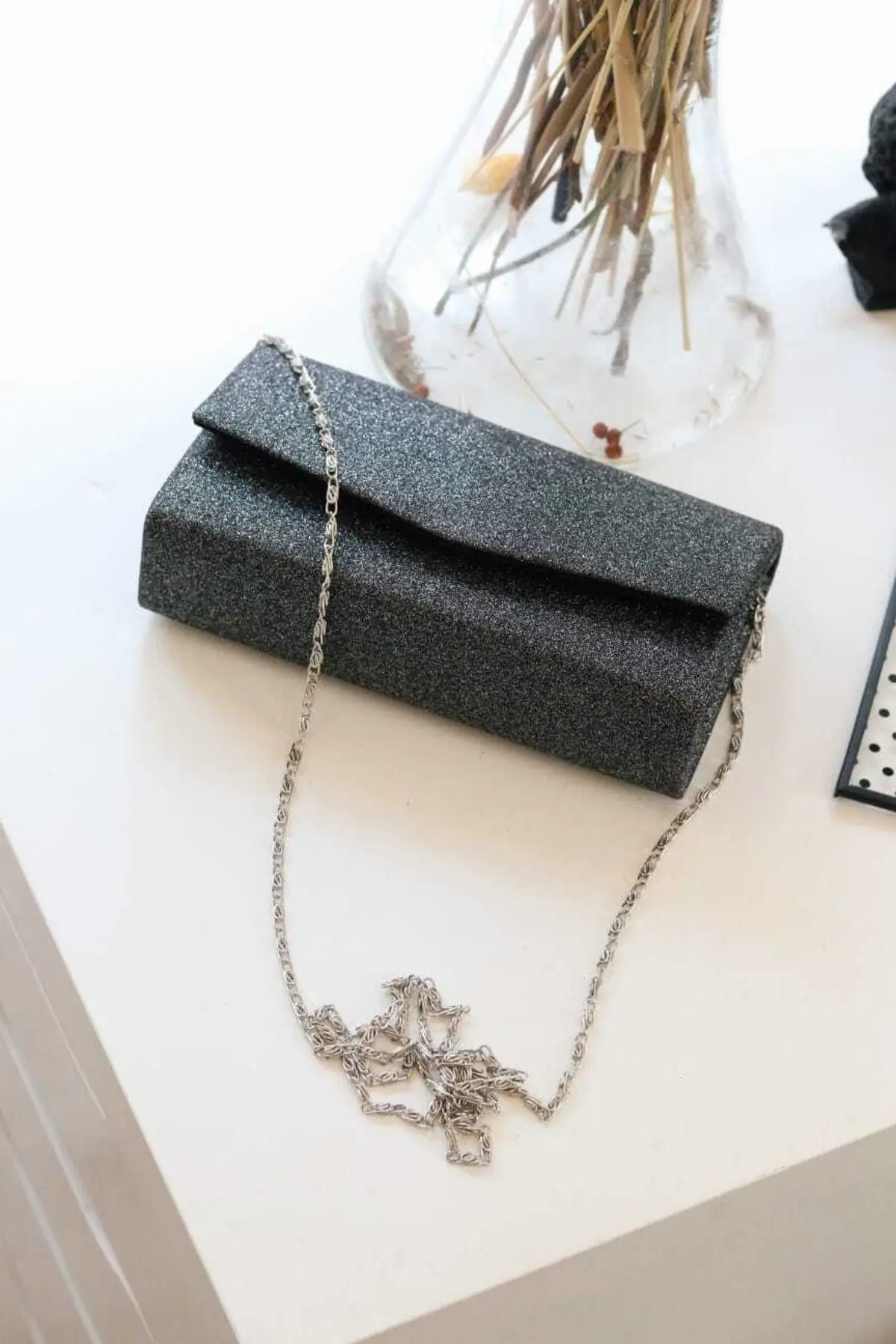 Kadın Simli Antrasit Mini Kutu Omuz Çantası