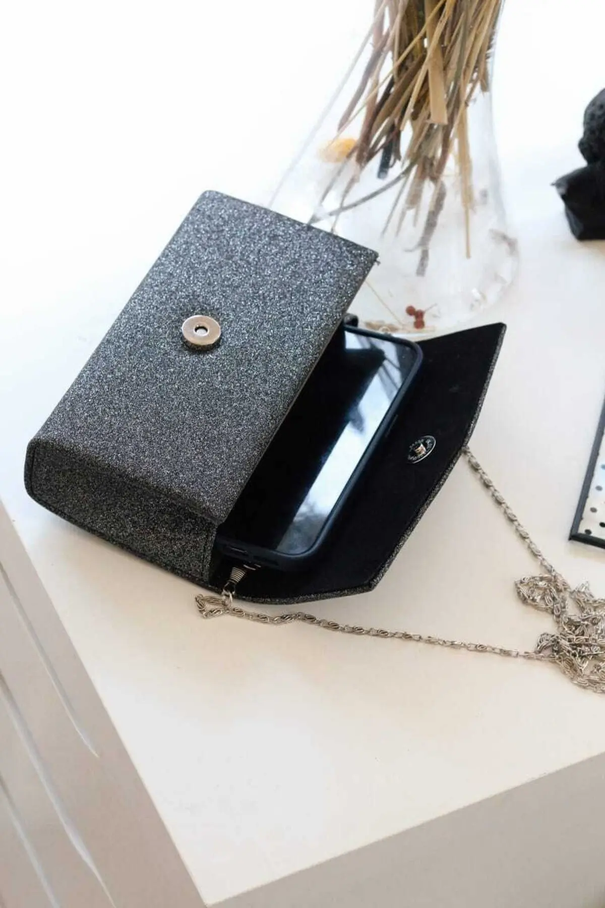 Kadın Simli Antrasit Mini Kutu Omuz Çantası