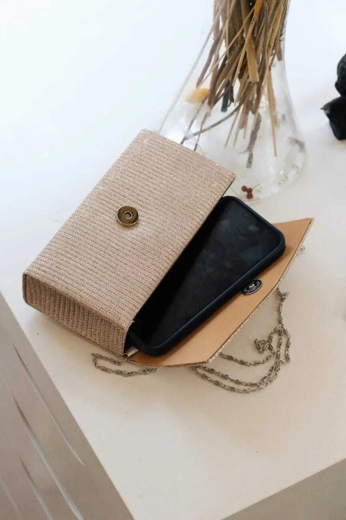 Kadın Simli Gold Mini Kutu Omuz Çantası