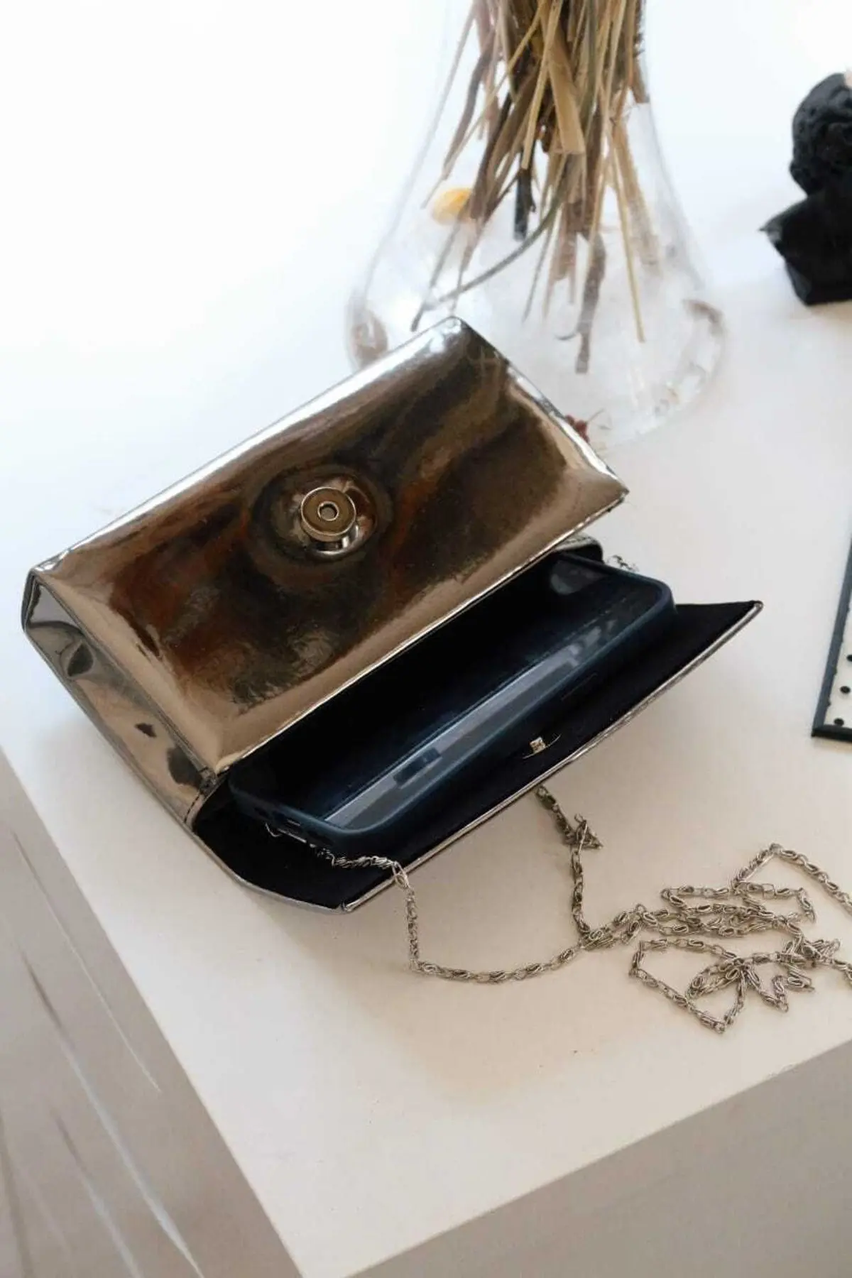 Kadın Rugan Platin Mini Kutu Omuz Çantası