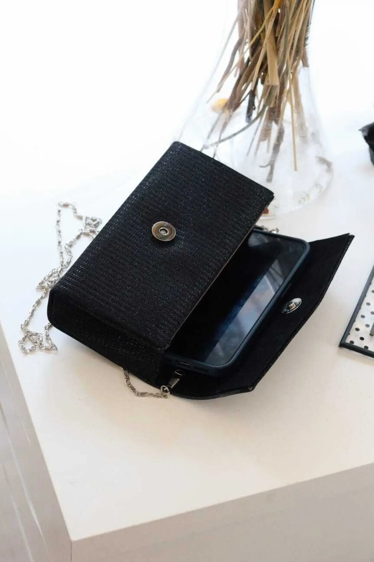 Kadın Simli Siyah Mini Kutu Omuz Çantası