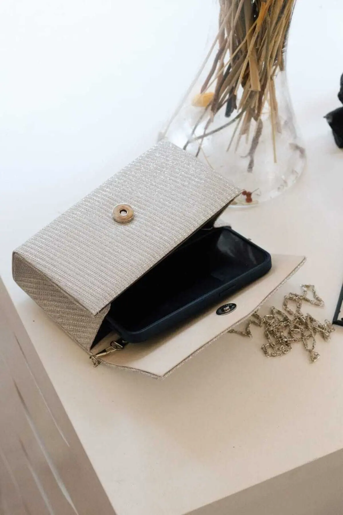 Kadın Simli Silver Mini Kutu Omuz Çantası