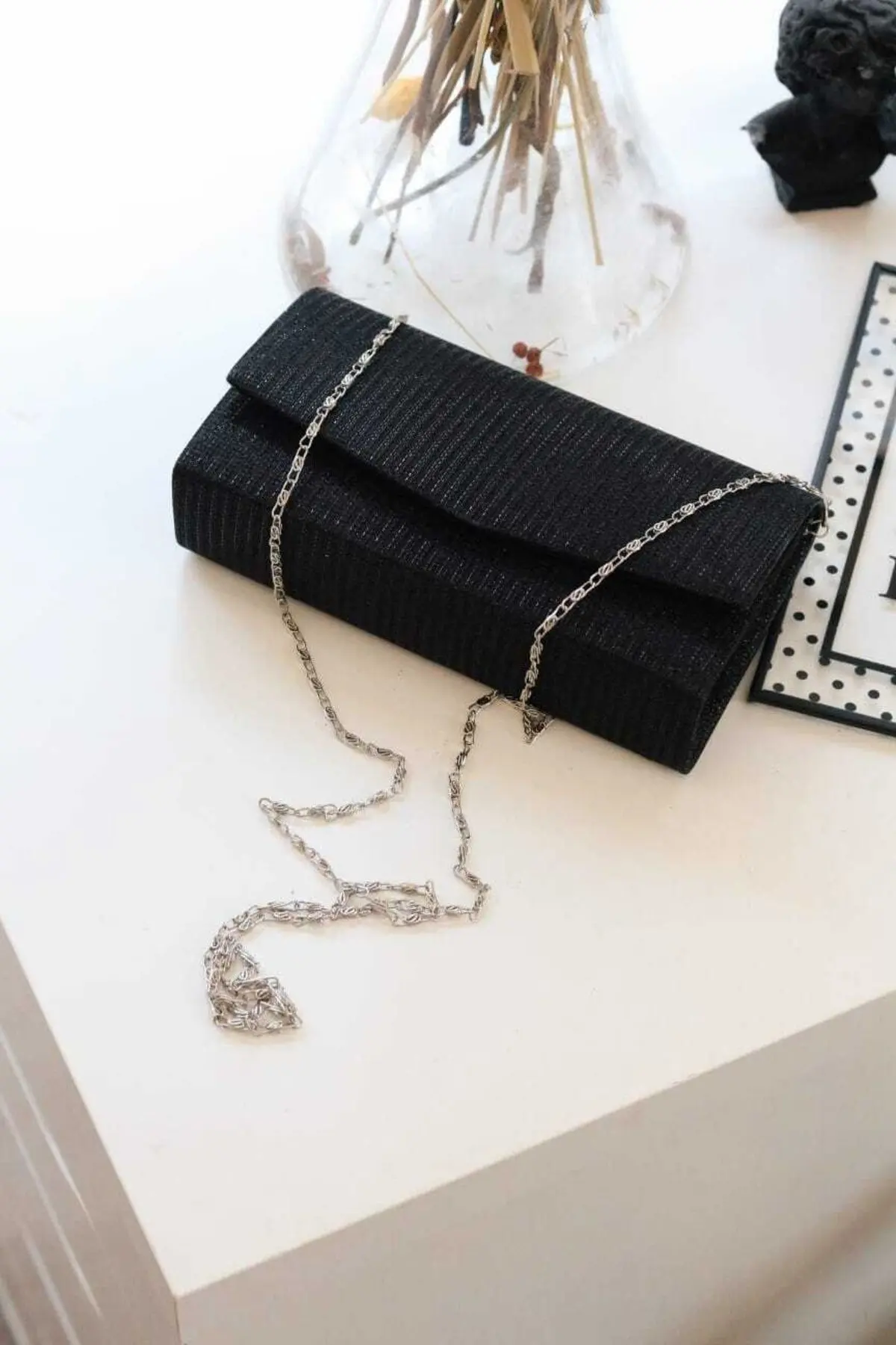 Kadın Simli Siyah Mini Kutu Omuz Çantası