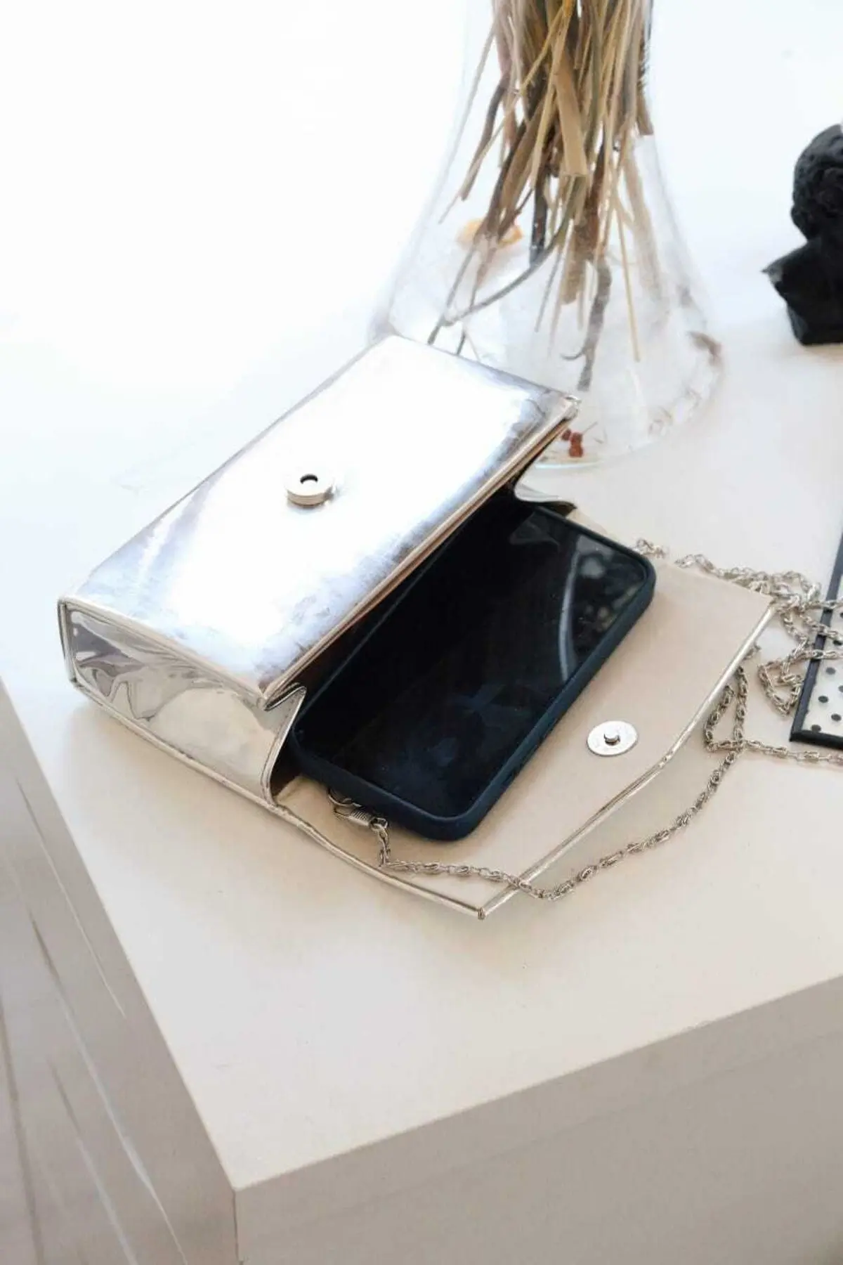 Kadın Rugan Silver Mini Kutu Omuz Çantası