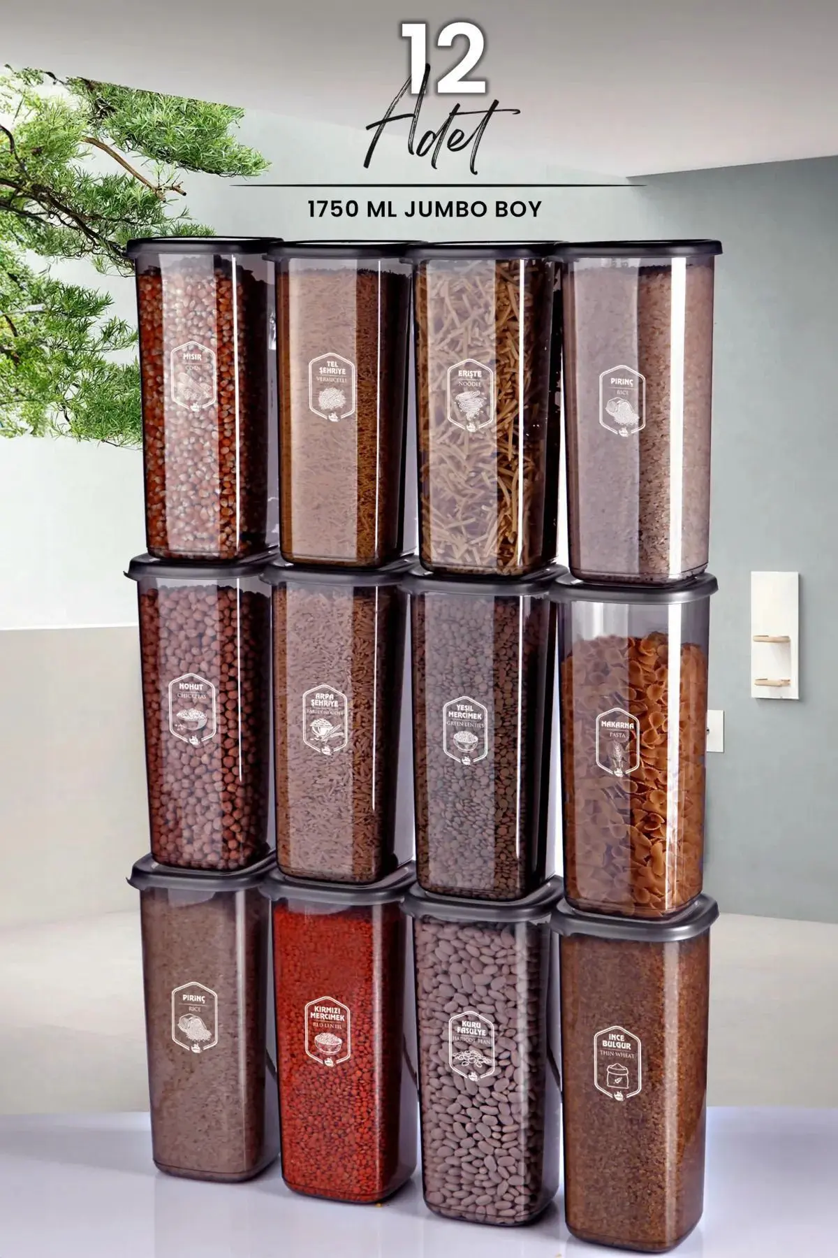Kitchen Life 12'li Jumbo Boy Etiketli Square Kare Erzak Saklama Kabı Seti 1750 ml - Sert Kapak