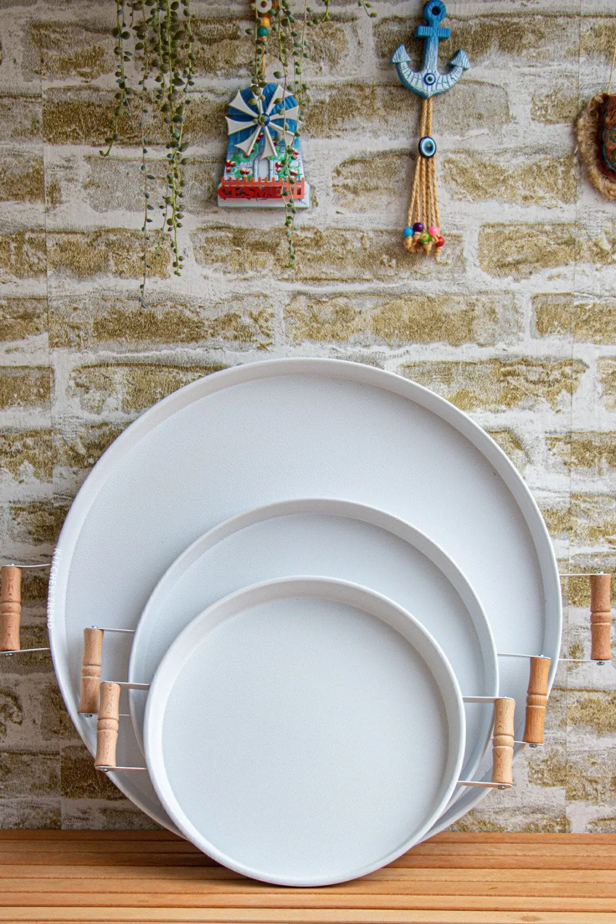 kitchen trend 3 Lü (51, 37, 30 CM) Ahşap Kulplu Metal Tepsi Çay Tepsisi Kahve Tepsisi Sunum Tepsi Seti