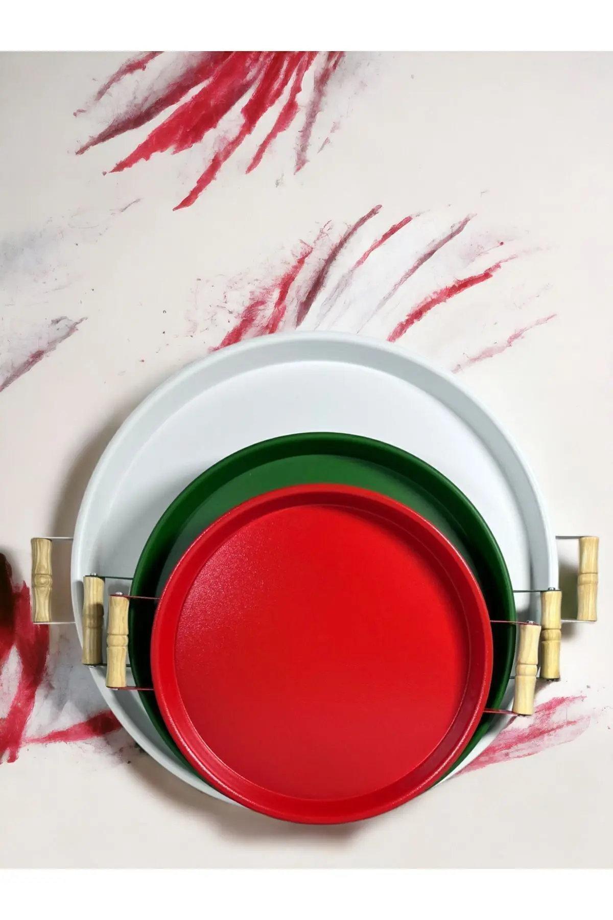 kitchen trend 3 Lü 45beyaz, 37yeşil, 30kırmızı Ahşap Kulplu Metal Tepsi Çay Tepsisi Sunum Tepsi Seti