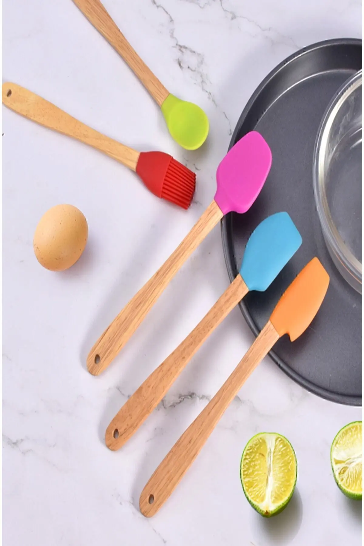 Indigo 5 Li Renkli Bambu Silikon Spatula Seti Uzun 26 cm