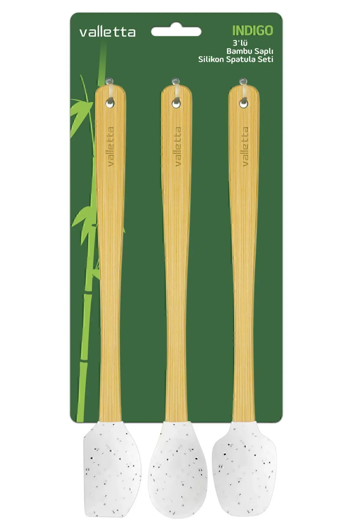 Indigo 3'lü Beyaz Noktalı Bambu Silikon Spatula Seti Uzun 26 cm