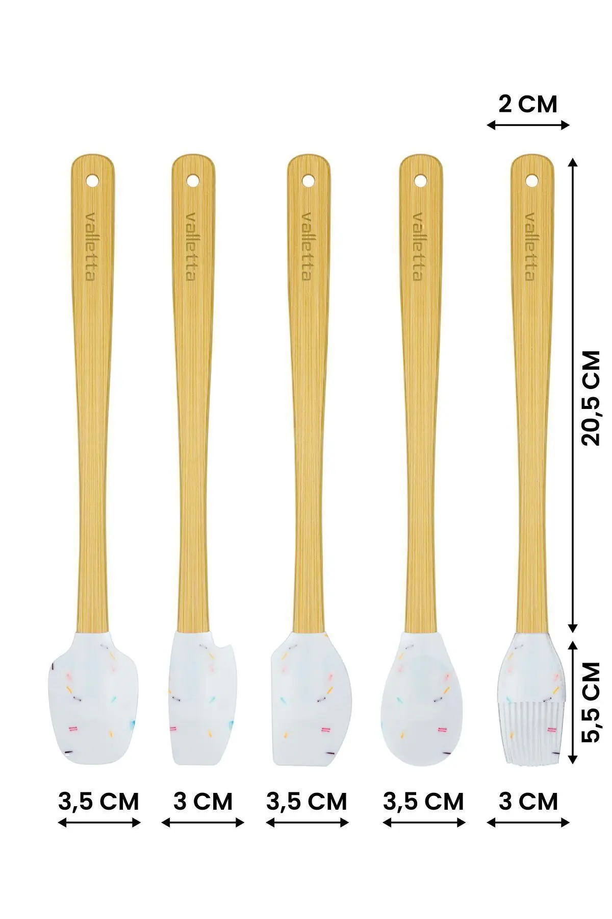 Indigo 5'li Beyaz Renkli Noktalı Bambu Silikon Spatula Seti Uzun 26 Cm