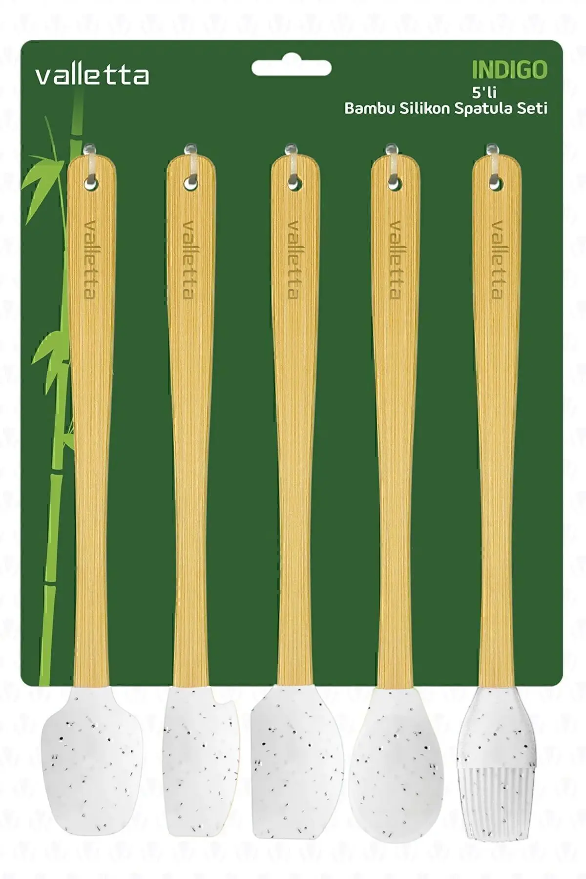 Indigo 5'li Beyaz Noktalı Bambu Silikon Spatula Seti Uzun 26 Cm
