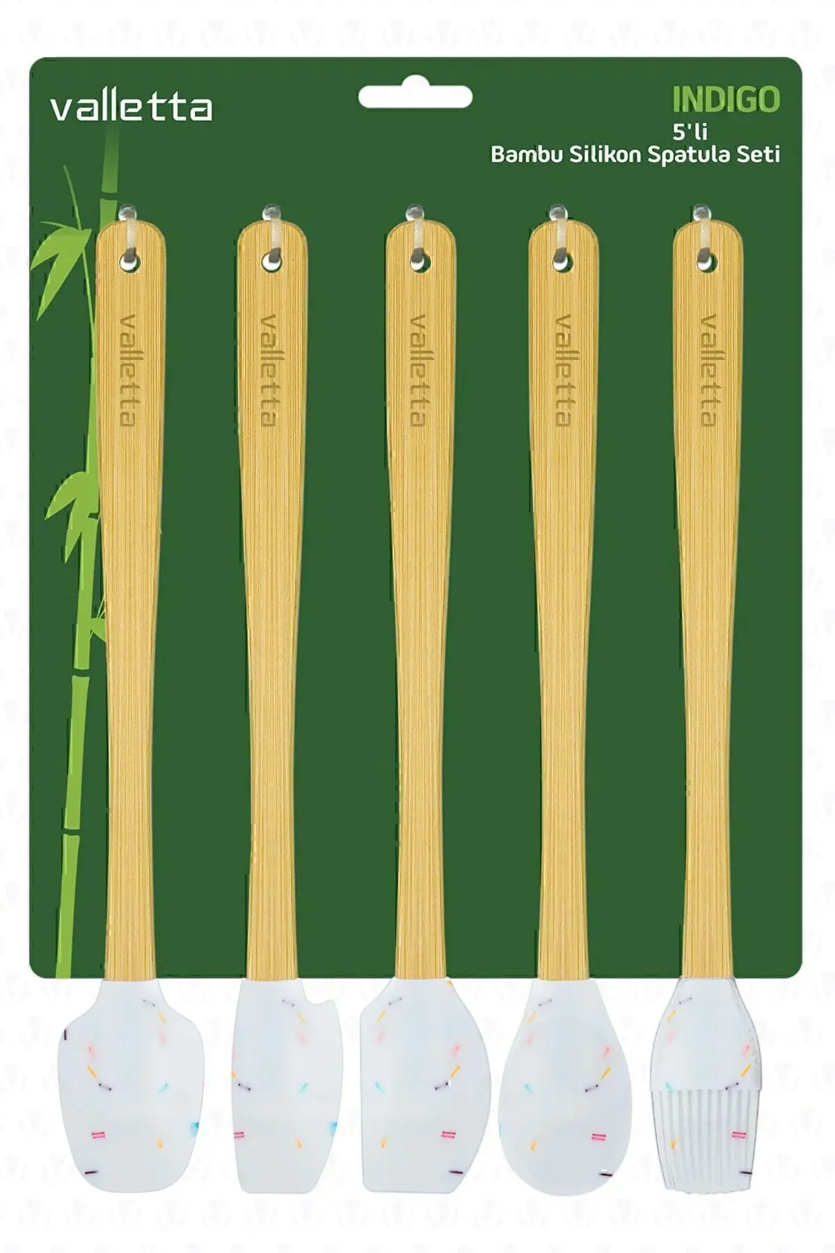 Indigo 5'li Beyaz Renkli Noktalı Bambu Silikon Spatula Seti Uzun 26 Cm