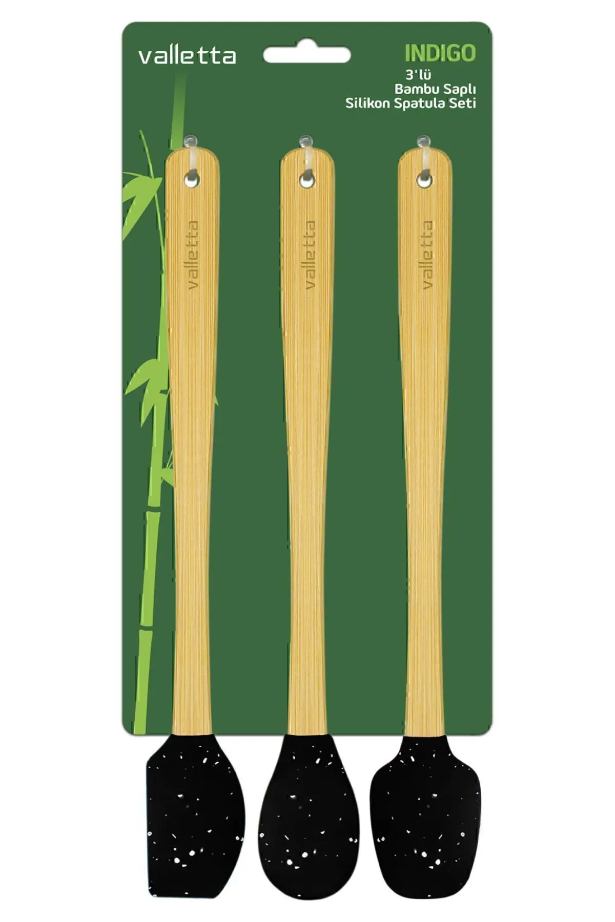 Indigo 3'lü Siyah Noktalı Bambu Silikon Spatula Seti Uzun 26 cm