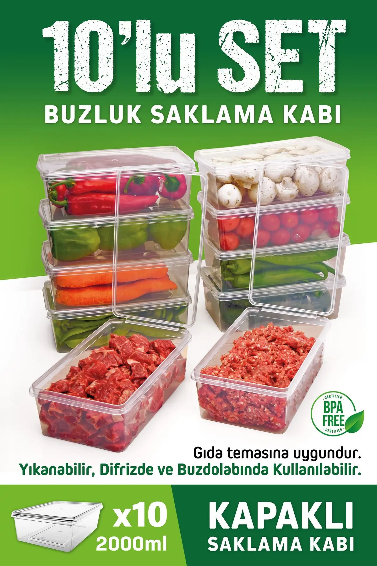 10 Adet 2 Lt. Kendinden Kapaklı Derin Dondurucuya Uygun Saklama Kabı Düzenleyici