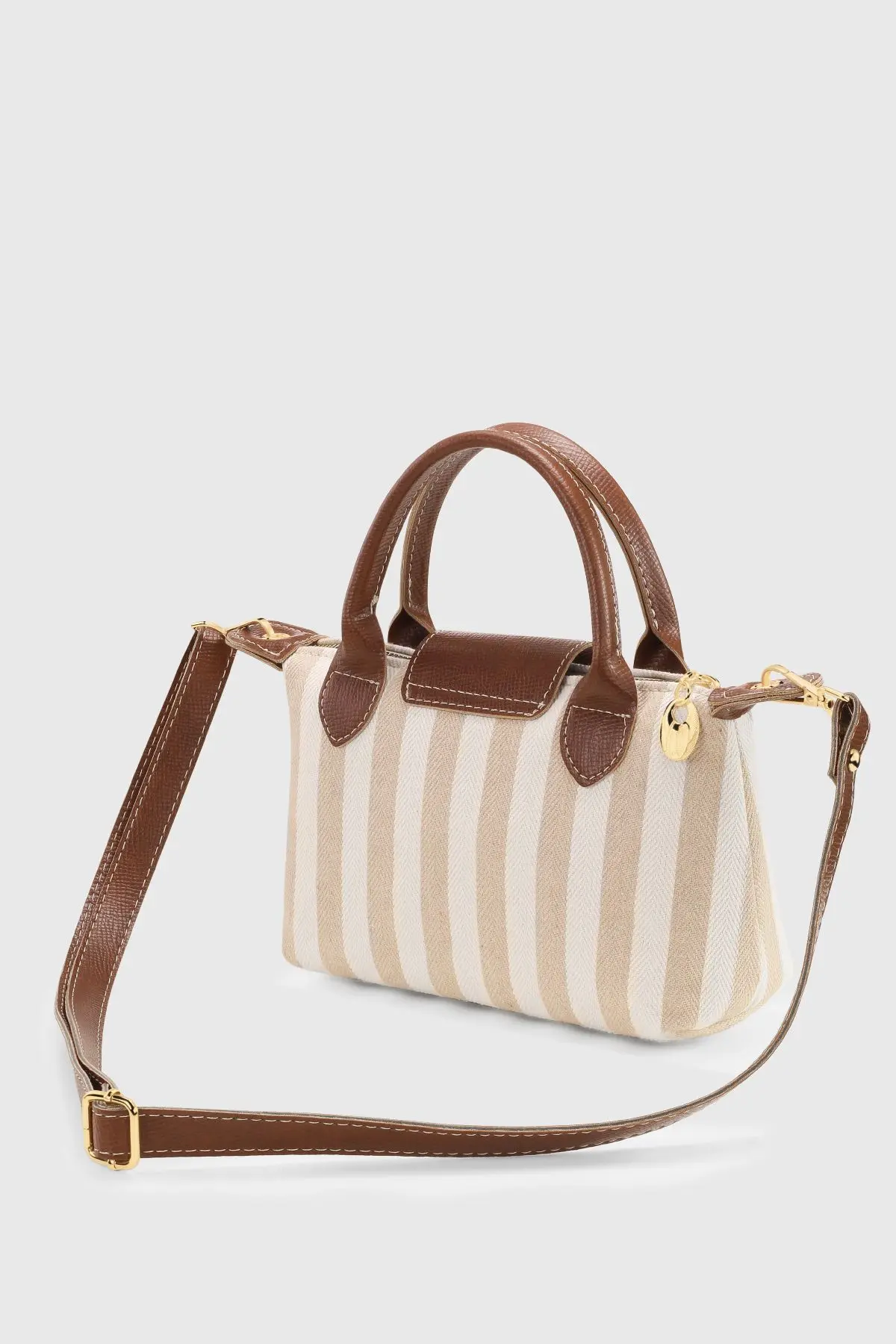 Krem Çizgili Çok Yönlü PU Deri Çapraz Askılı Çanta