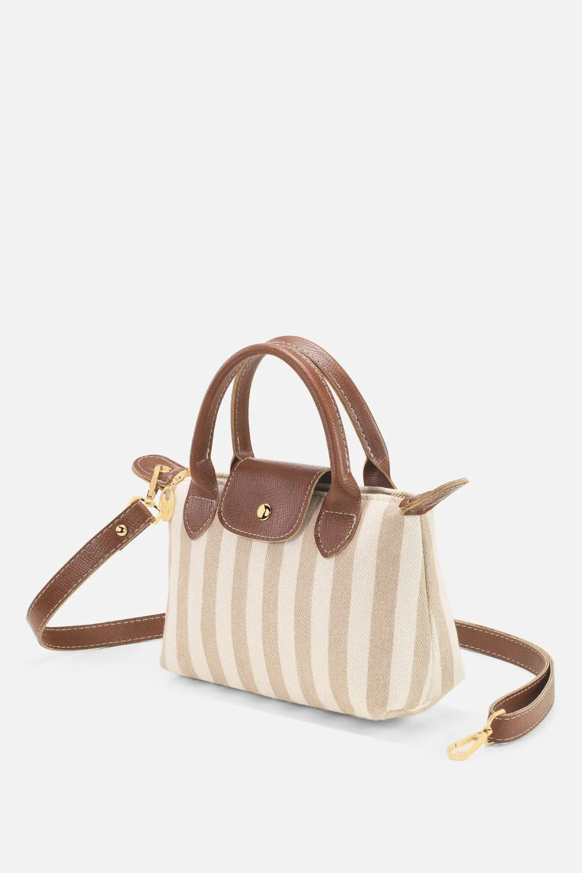Krem Çizgili Çok Yönlü PU Deri Çapraz Askılı Çanta