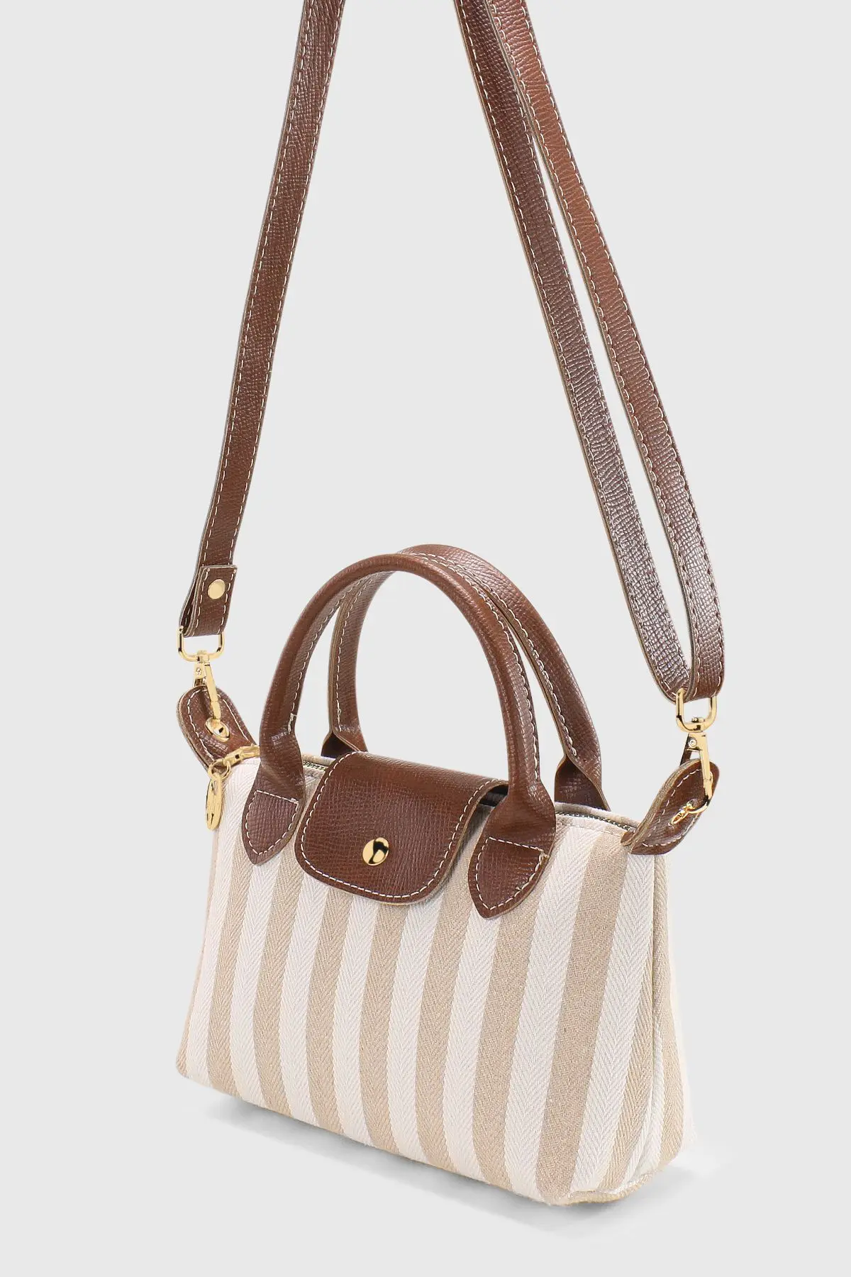 Krem Çizgili Çok Yönlü PU Deri Çapraz Askılı Çanta