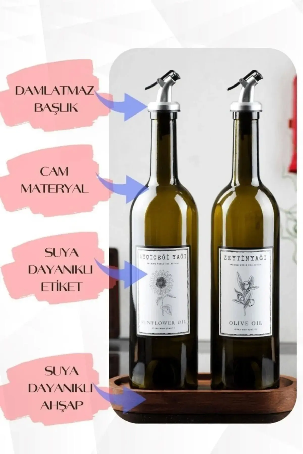 Ahşap Stantlı Amber 2'li 750 Ml Zeytinyağı Sıvıyağ Şişesi Yağdanlık Yağlık Cam Şişe