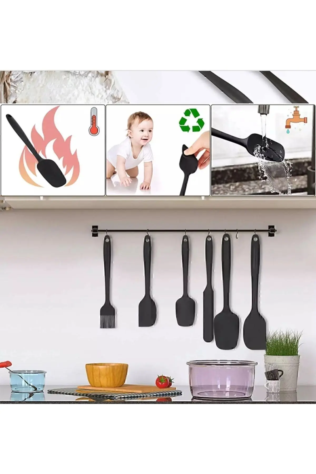 Drongo Isıya Dayanıklı Yanmaz Yapışmaz Silikon Spatula Seti 6 Parça Siyah