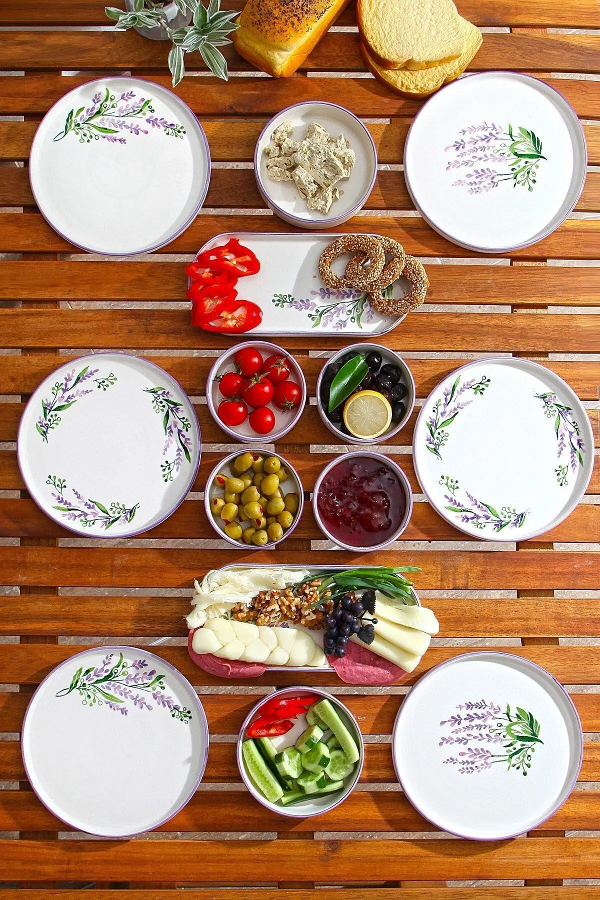 14 Parça 6 Kişilik Stackable Lavanta Kahvaltı Takımı - Lüx Kahvaltılık Sunum Seti Tabağı