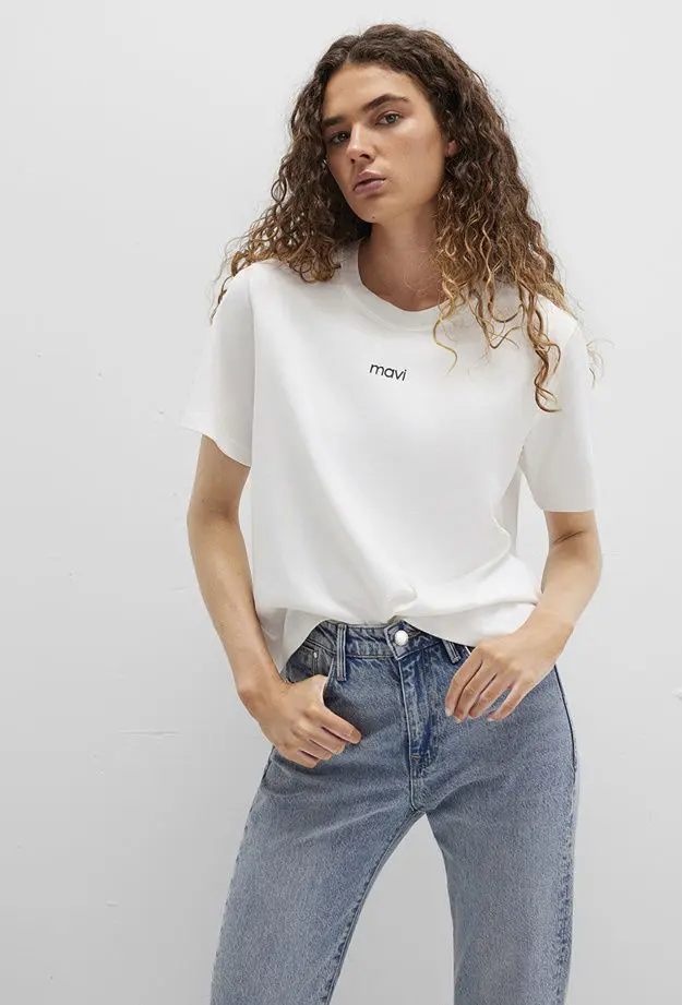 Mavi Mavi Logo Baskılı Beyaz Tişört Loose Fit / Bol Rahat Kesim 1612829-80194