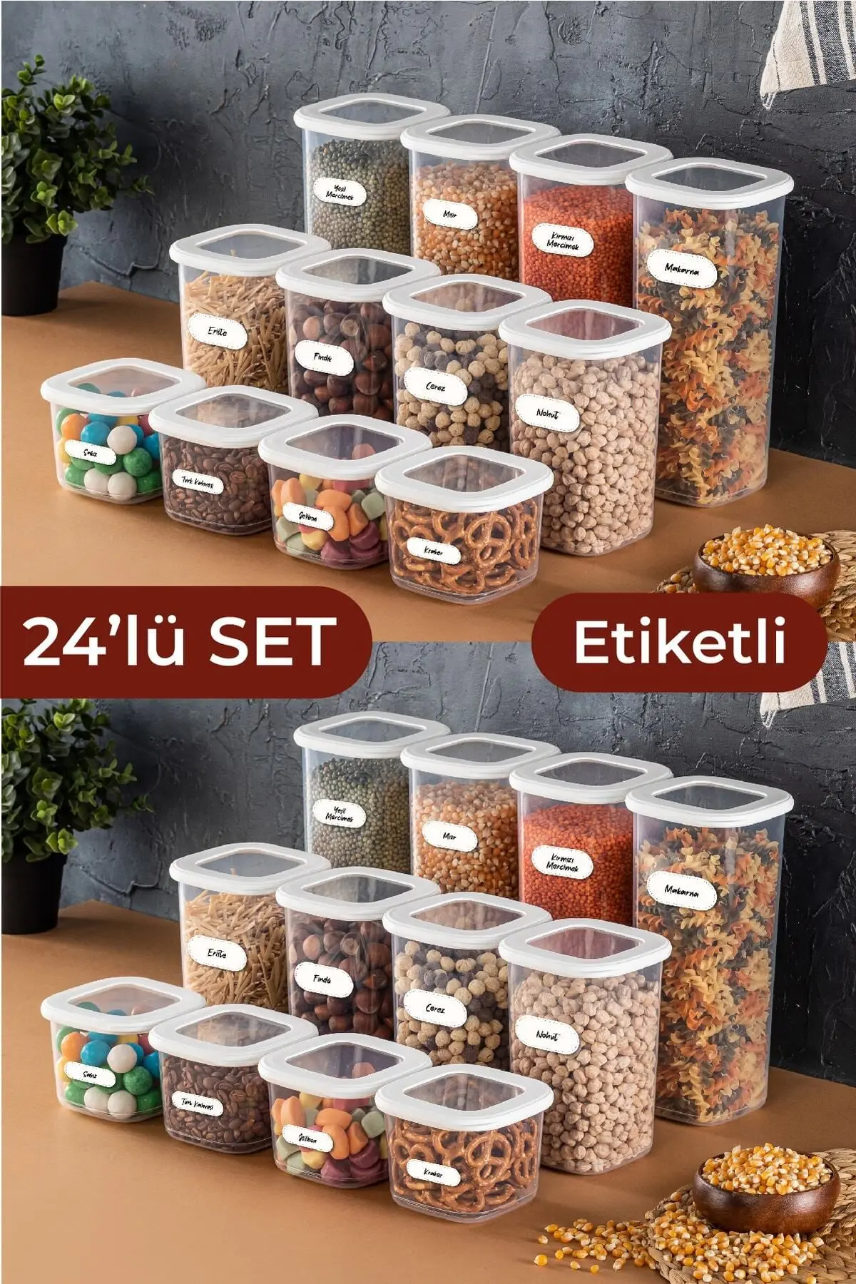 Vienev Foly Etiketli Kare Erzak Saklama Kabı 24'lü Set 8x(0,55 LİTRE, 1,2 LİTRE, 1,75 LİTRE) Beyaz
