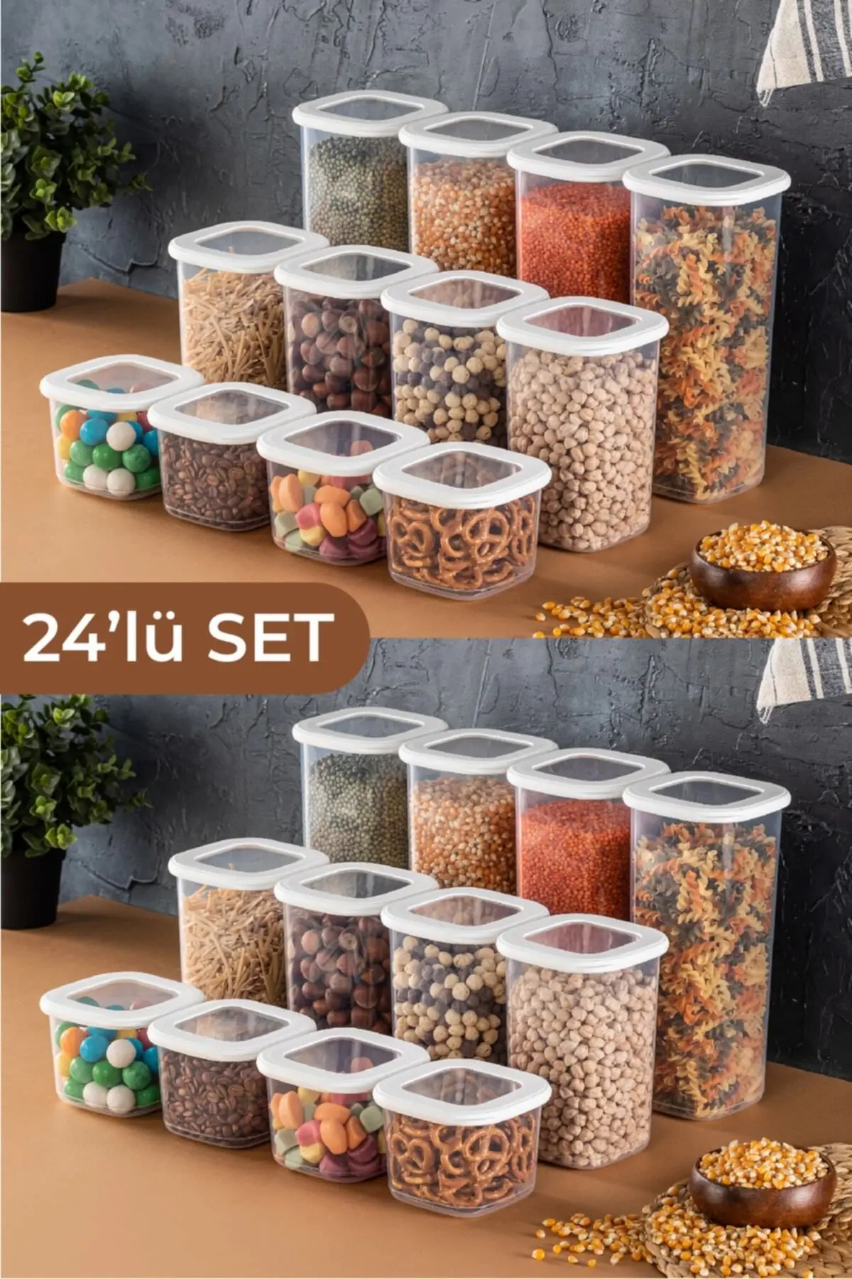 Foly Etiketli Kare Erzak Saklama Kabı 24'lü Set 8x(0,55 LİTRE, 1,2 LİTRE, 1,75 LİTRE) Beyaz
