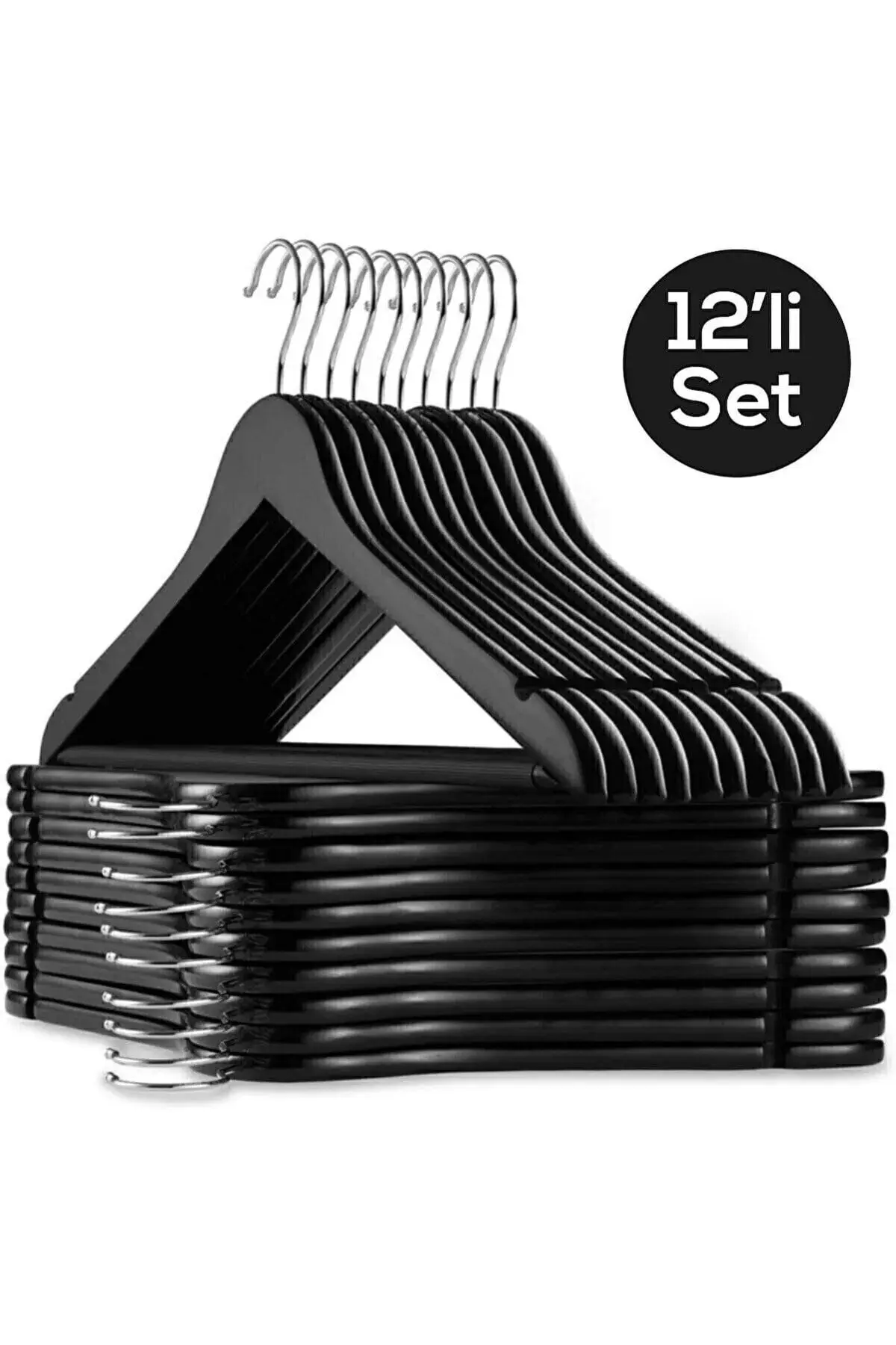 BabyLondy 12 Adet Ahşap Görünümlü A Kalite Plastik Elbise Askısı Siyah Designedbygnd