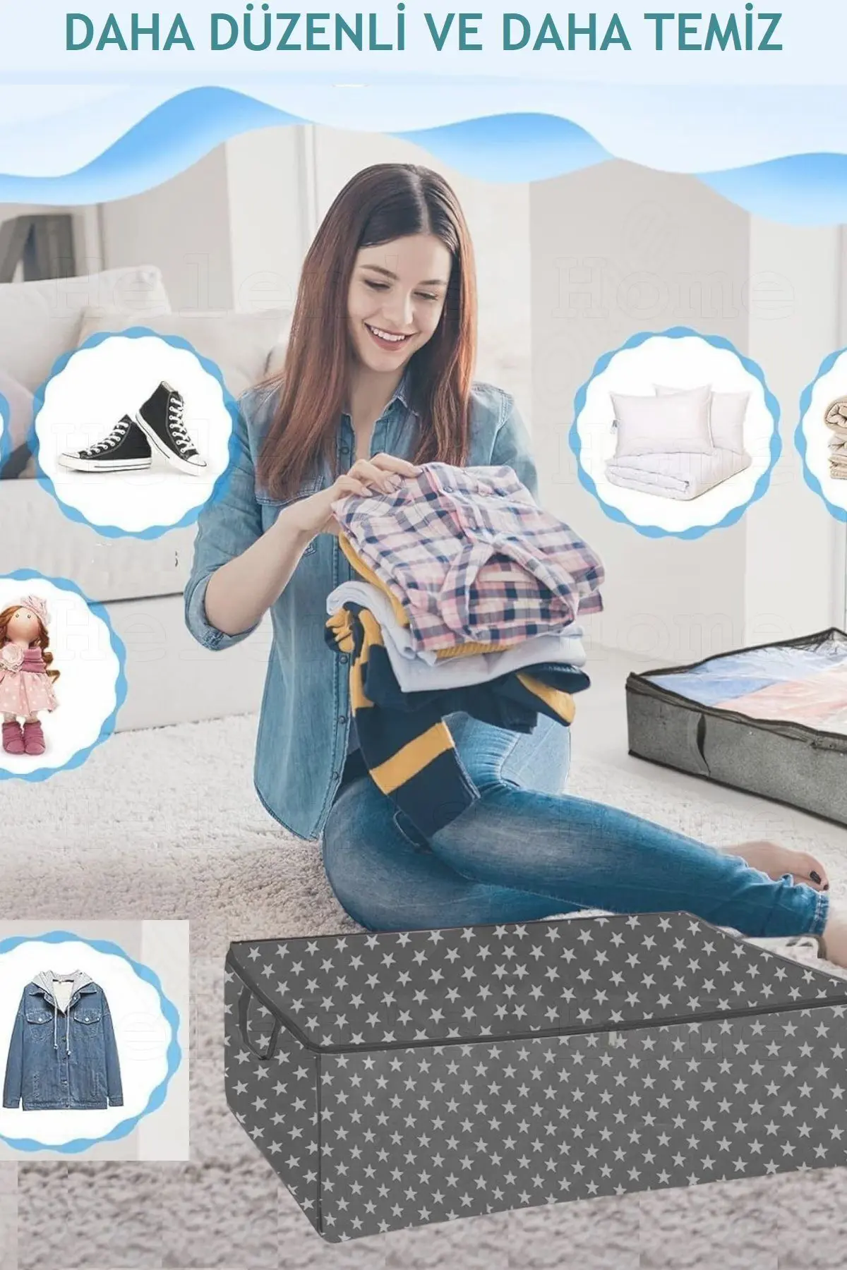 8 Adet Çekyat Baza Tipi Yastık Kıyafet Saklama Hurcu-baza Altı Düzenleyici Hurç Yıldızlı 64x45x22 Cm