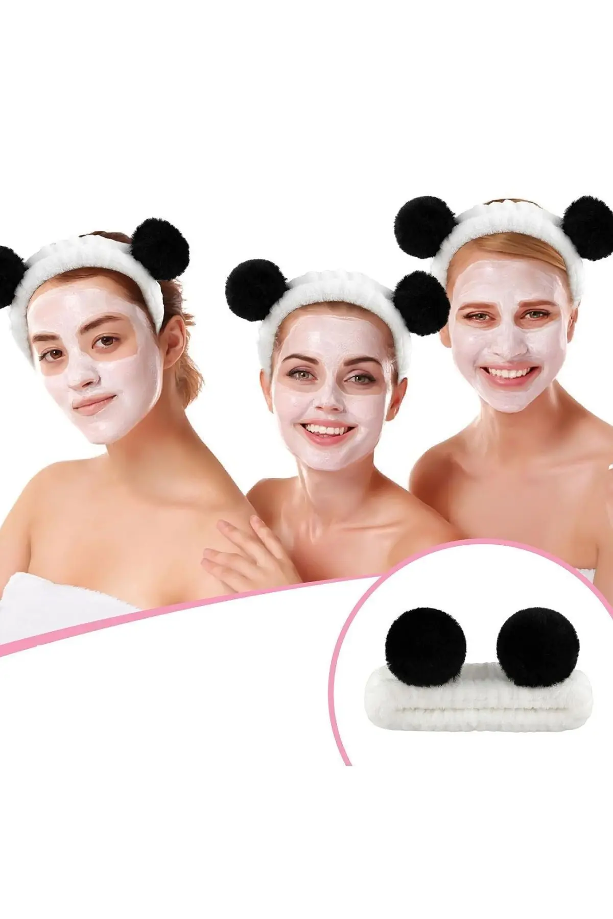 %100 Pamuklu Panda Takımı!- Pamuklu Elastik Saç Bandı Ve Bileklik Yuz Yikama Cilt Bakimi Makyaj Seti