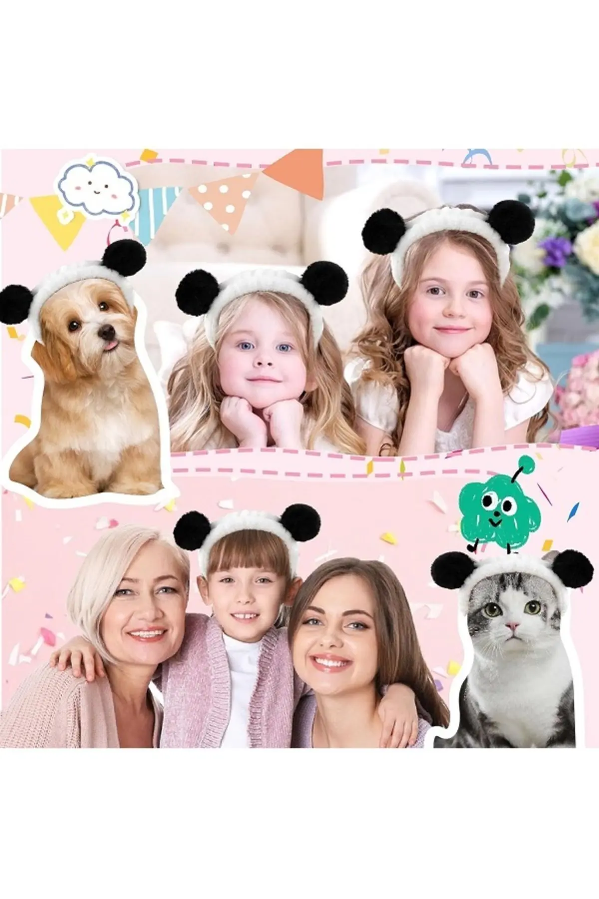 %100 Pamuklu Panda Takımı!- Pamuklu Elastik Saç Bandı Ve Bileklik Yuz Yikama Cilt Bakimi Makyaj Seti