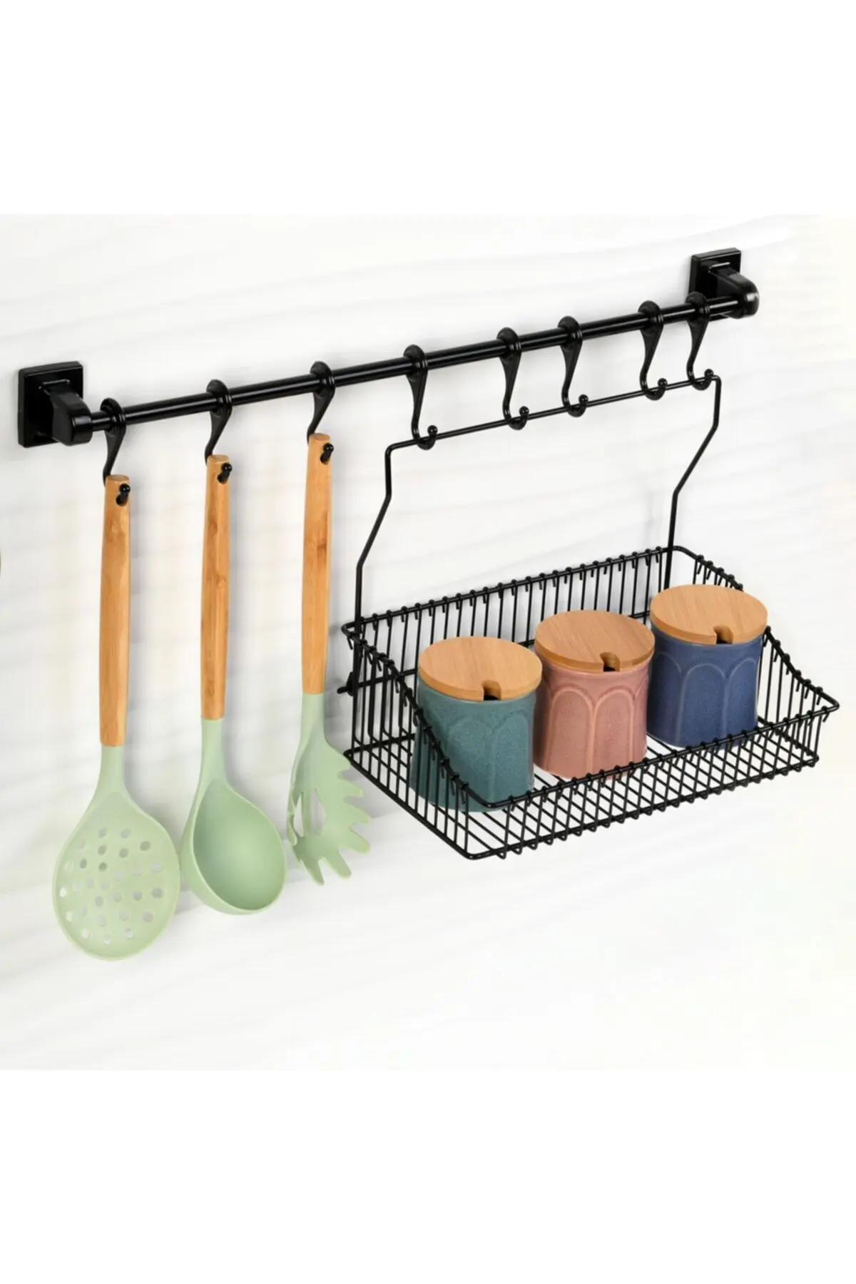 Hagen Vidasız Montaj Duvar Rayı 8li Askı(45cm) Ve Sepet 30 Cm
