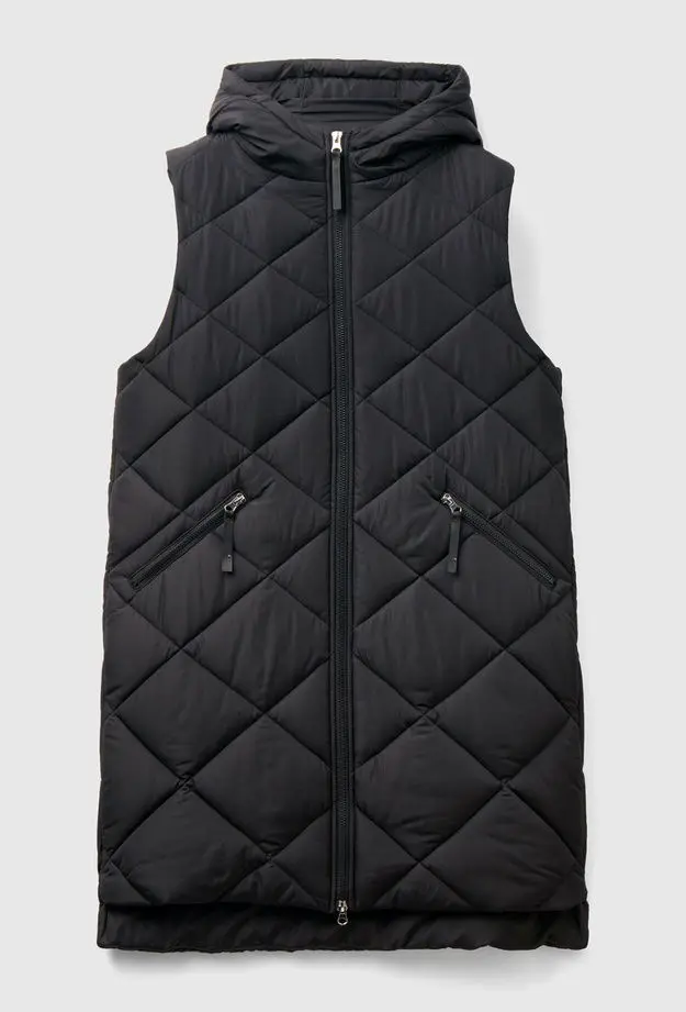 Kadın Siyah Kolsuz Uzun Kapitone Mont