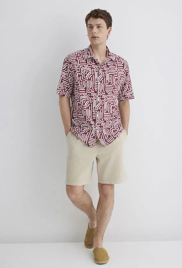 Mavi Baskılı Kırmızı Gömlek Loose Fit / Bol Rahat Kesim 0211536-89926