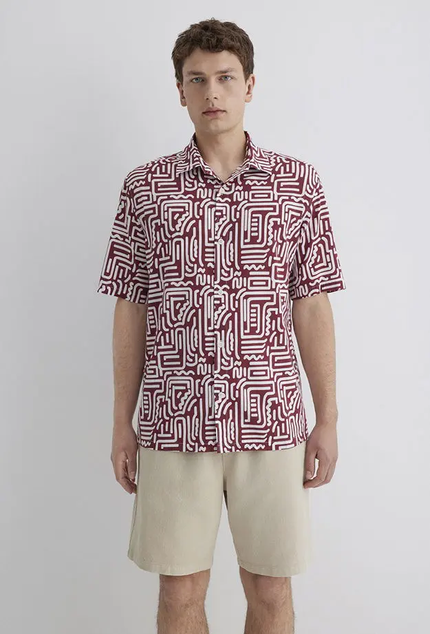 Mavi Baskılı Kırmızı Gömlek Loose Fit / Bol Rahat Kesim 0211536-89926