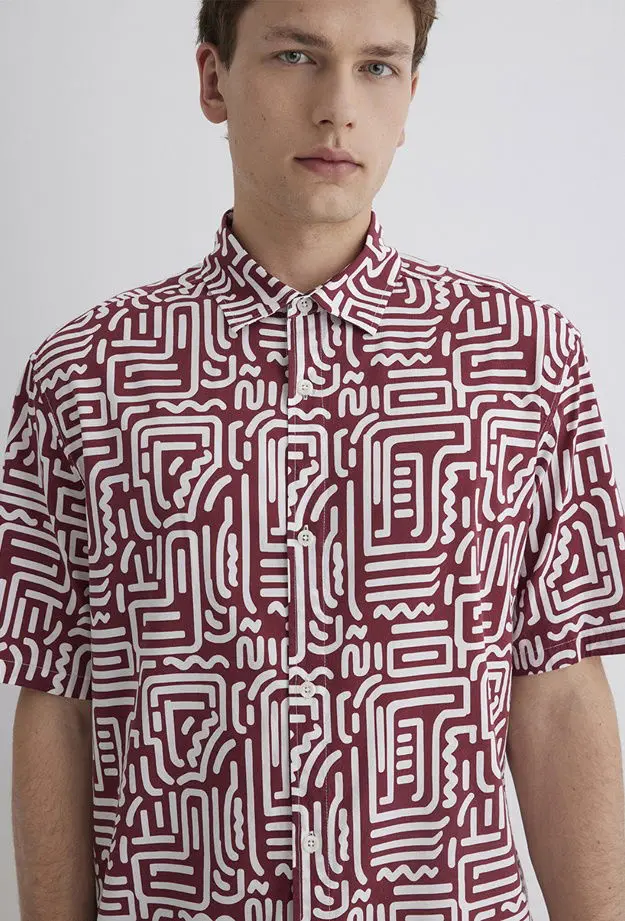 Mavi Baskılı Kırmızı Gömlek Loose Fit / Bol Rahat Kesim 0211536-89926