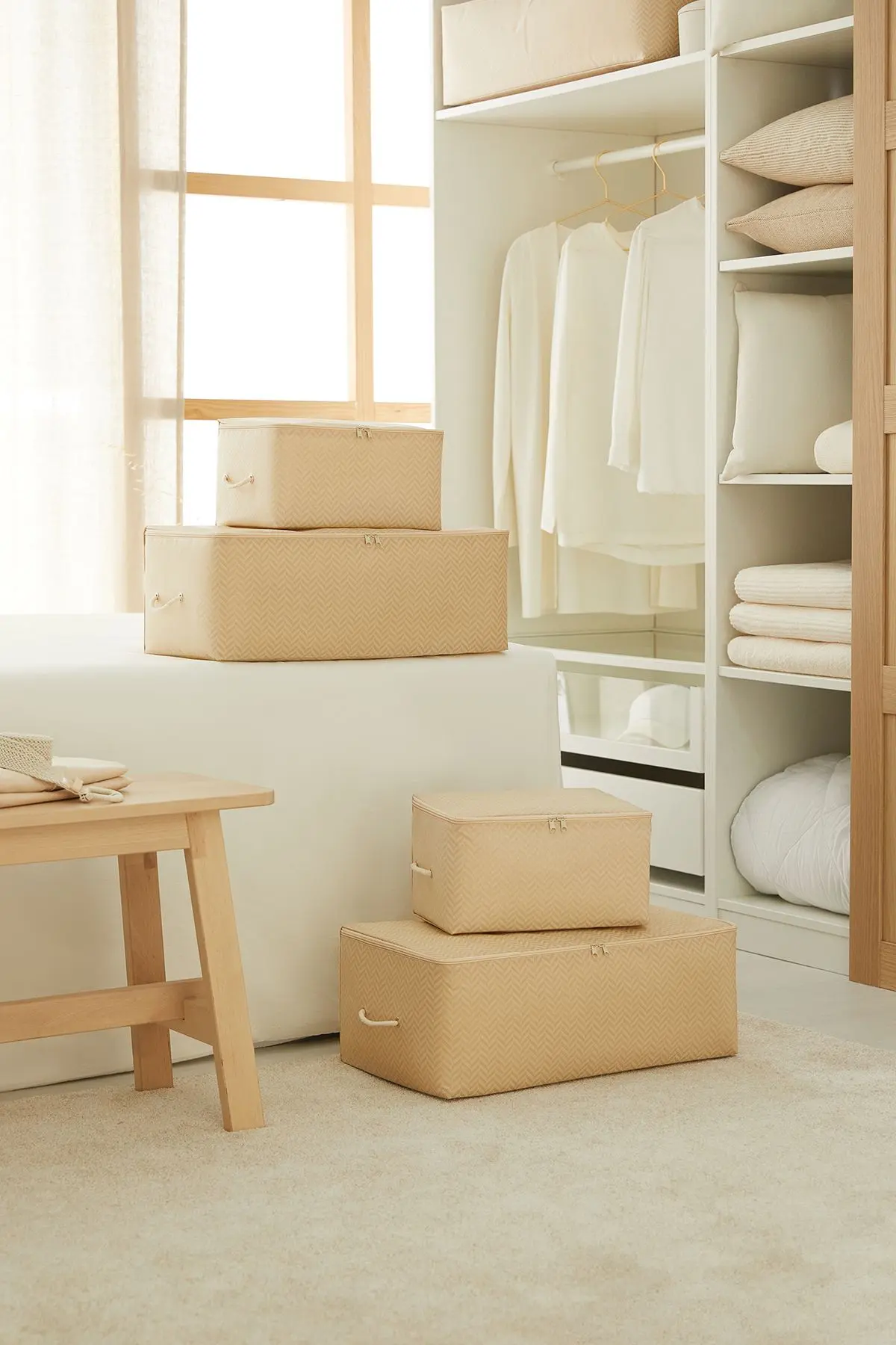 Ocean Home Textile 4'lü Bej Balıksırtı Baza Altı Kazak Pike Battaniye Hurcu