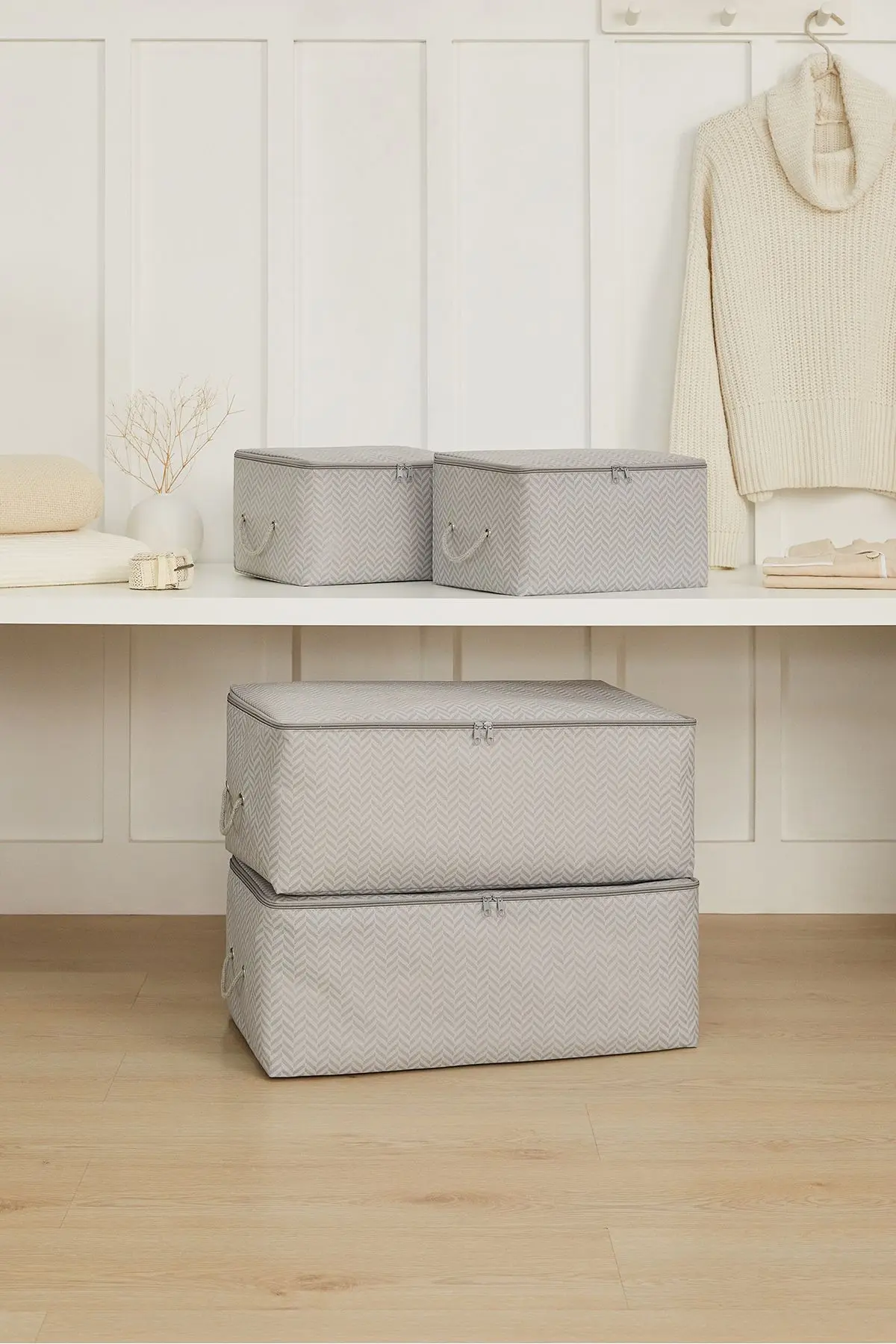 Ocean Home Textile 4'lü Gri Balıksırtı Baza Altı Kazak Pike Battaniye Hurcu