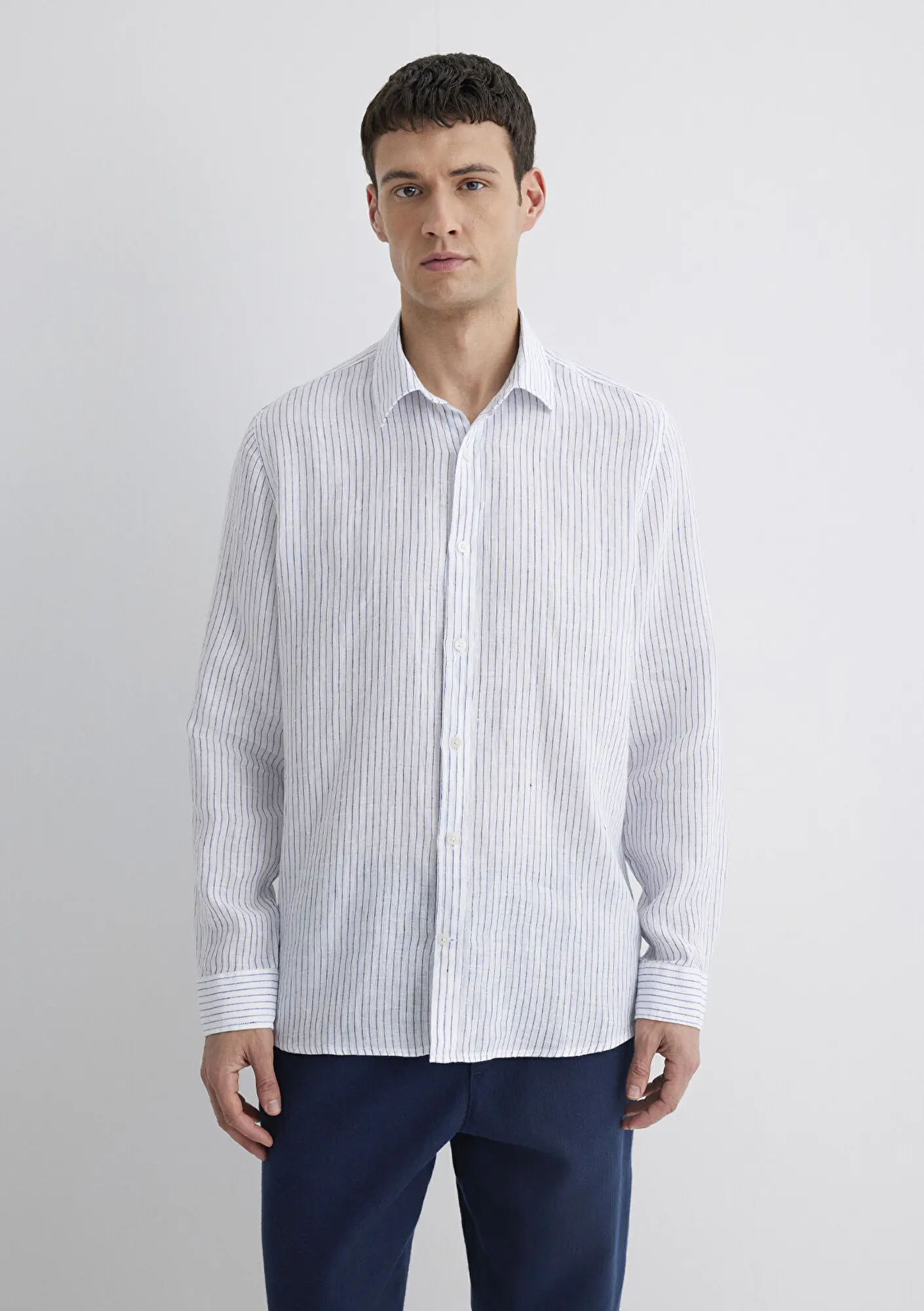 Mavi Çizgili Keten Gömlek  0211634-90795