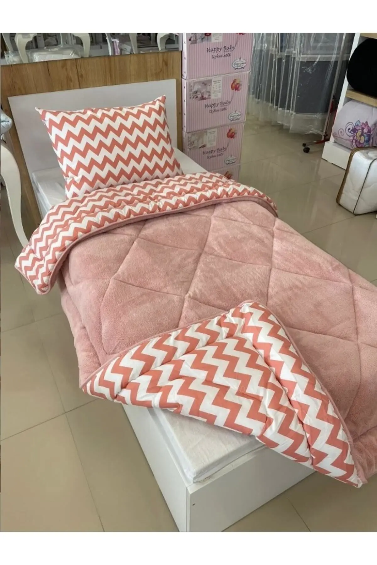 Tek Kişilik Çift Taraflı Welsoft Yorgan Pudra Zigzak