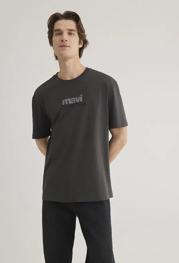 Mavi Mavi Logo Baskılı Antrasit Tişört Loose Fit / Bol Rahat Kesim 0612355-80955