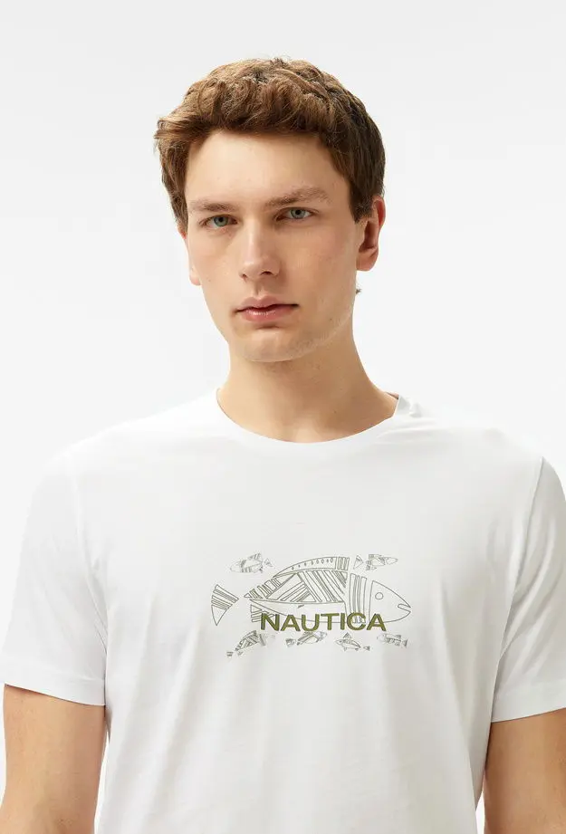 Nautica Erkek Beyaz Regular Fit Baskılı T-Shirt